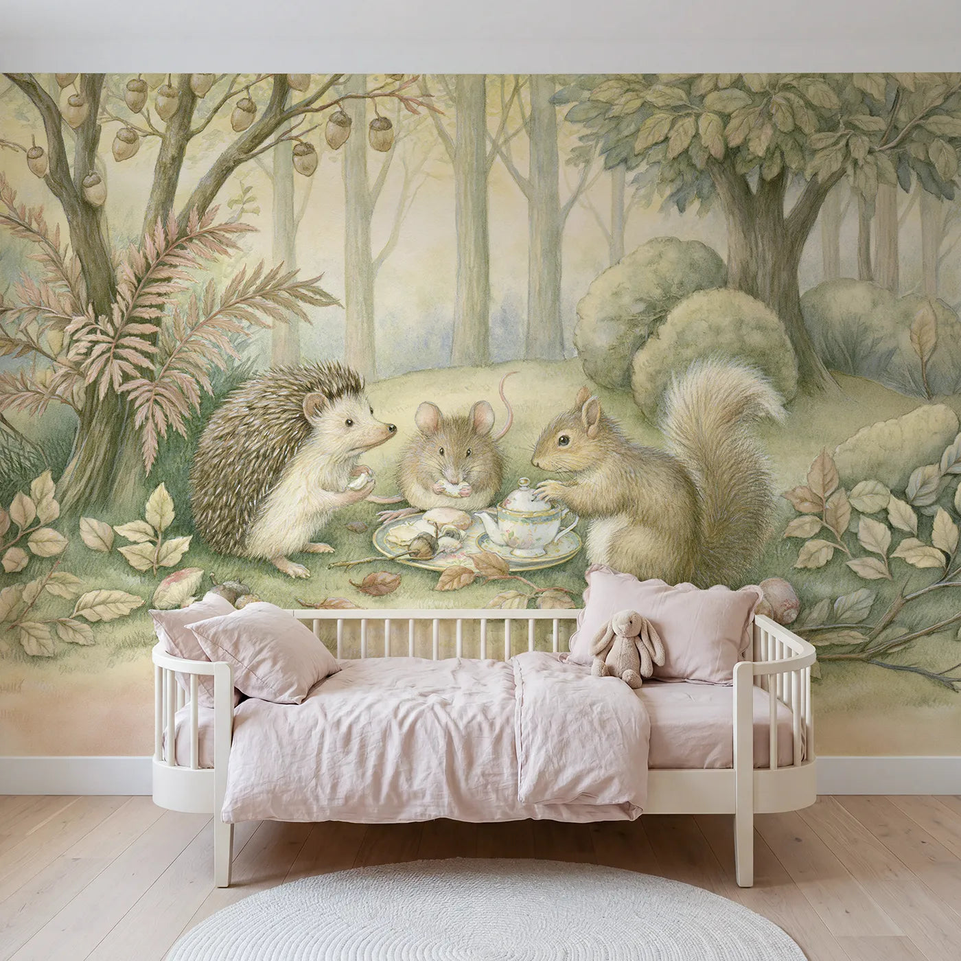 Storybook wall mural of a tiny woodland tea party by Whimsy Tots