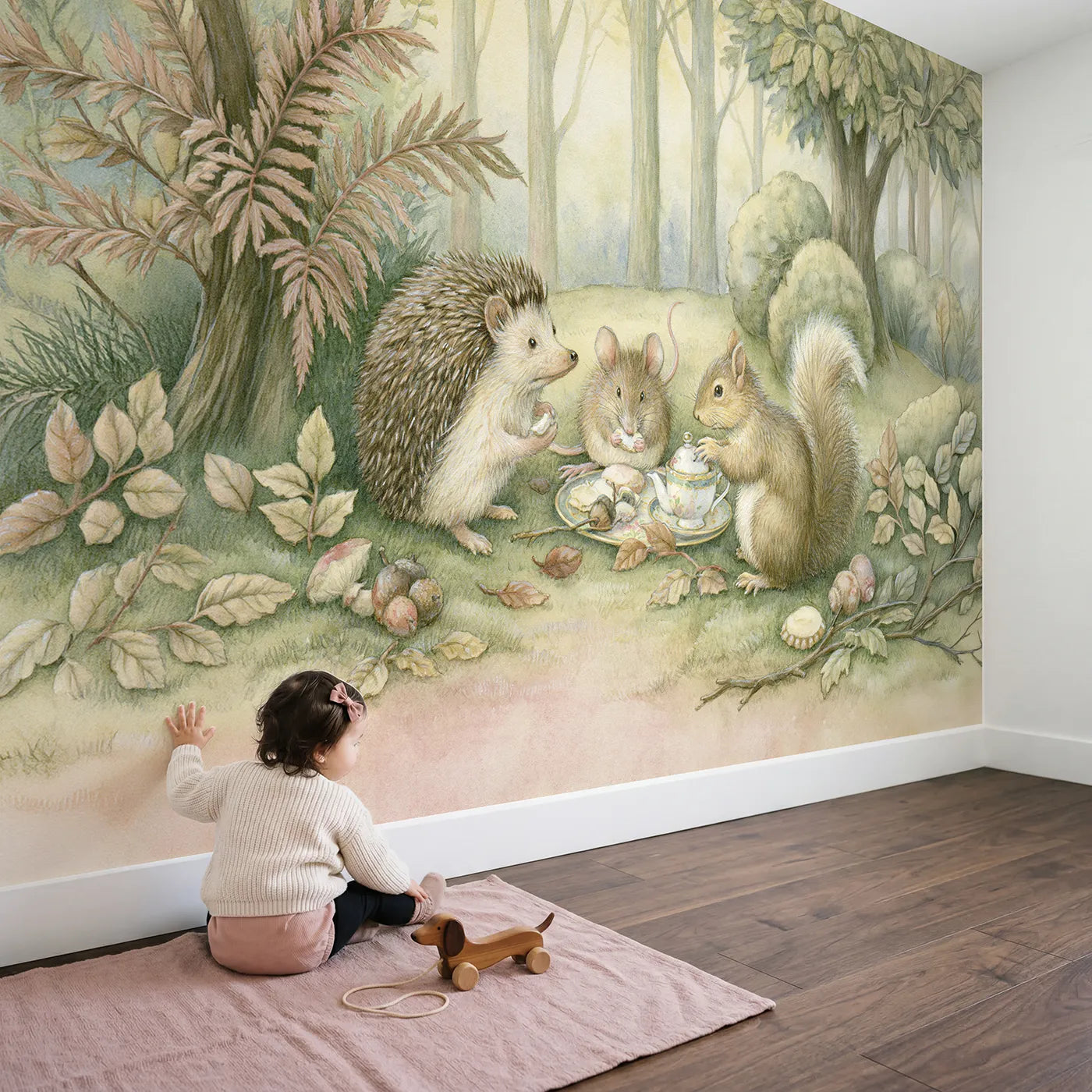 Child in nursery with Woodland Tea Party Wallpaper Mural by Whimsy Tots
