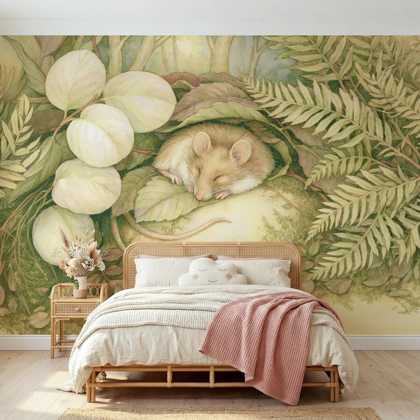 Storybook wall mural of a sleepy dormouse nook by Whimsy Tots