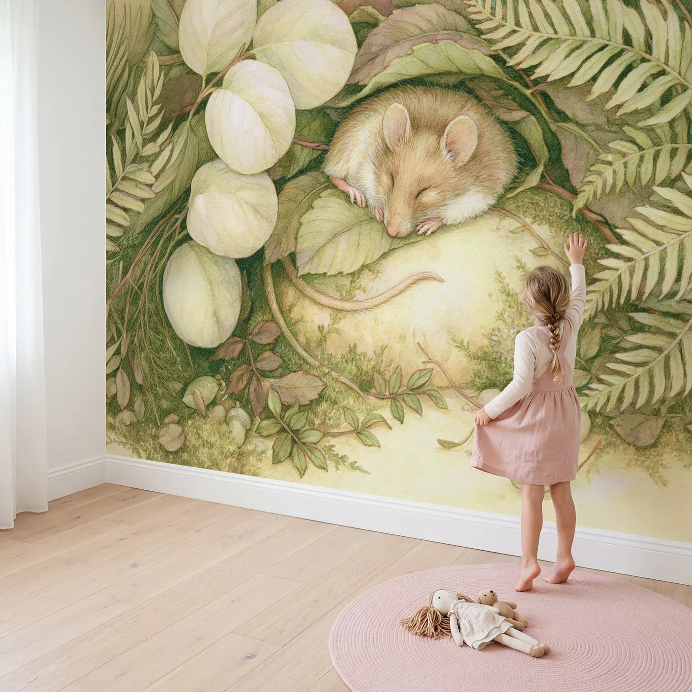 Child in nursery with Sleepy Dormouse Nook Wallpaper Mural by Whimsy Tots