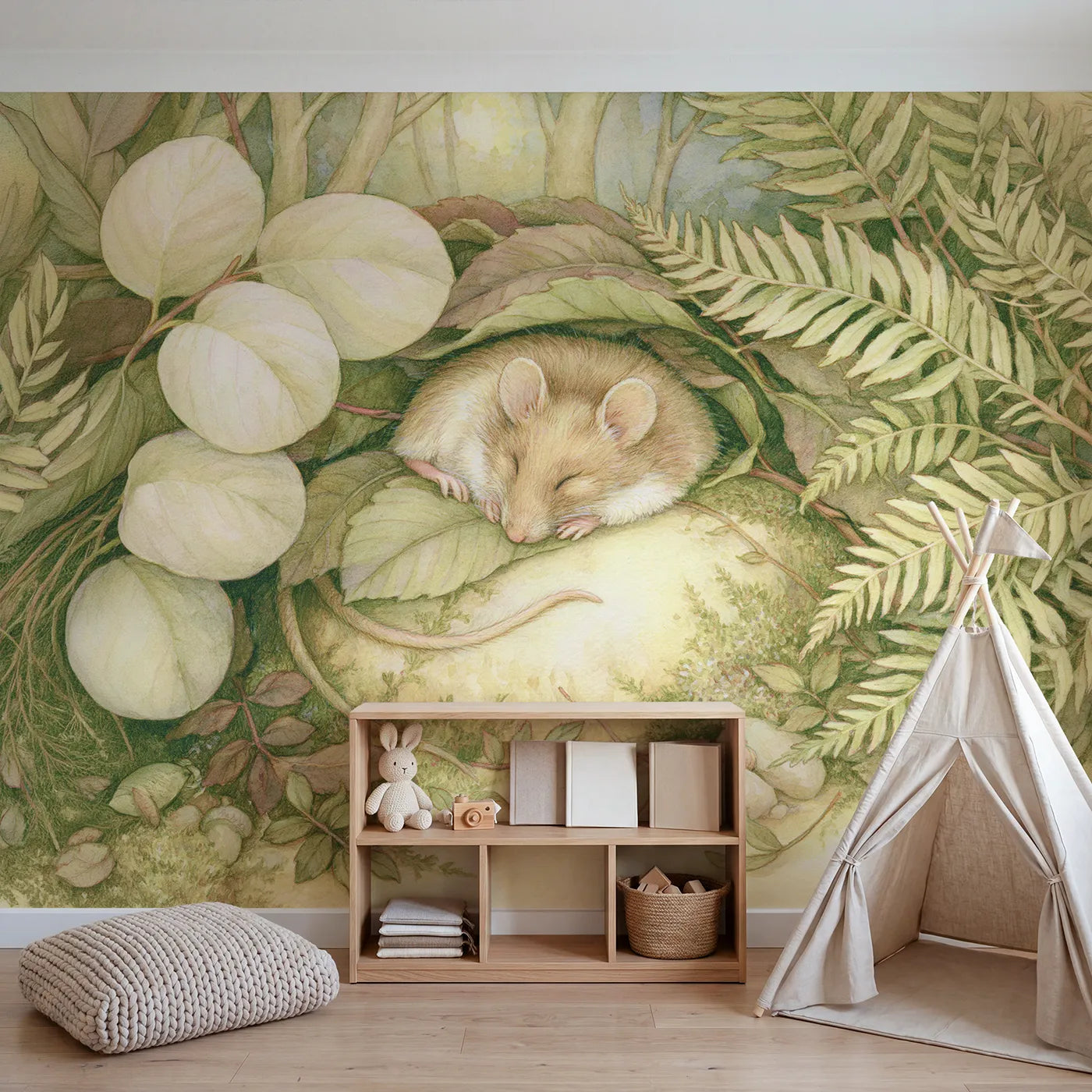 Sleepy Dormouse Nook Wallpaper Mural in playroom setting by Whimsy Tots
