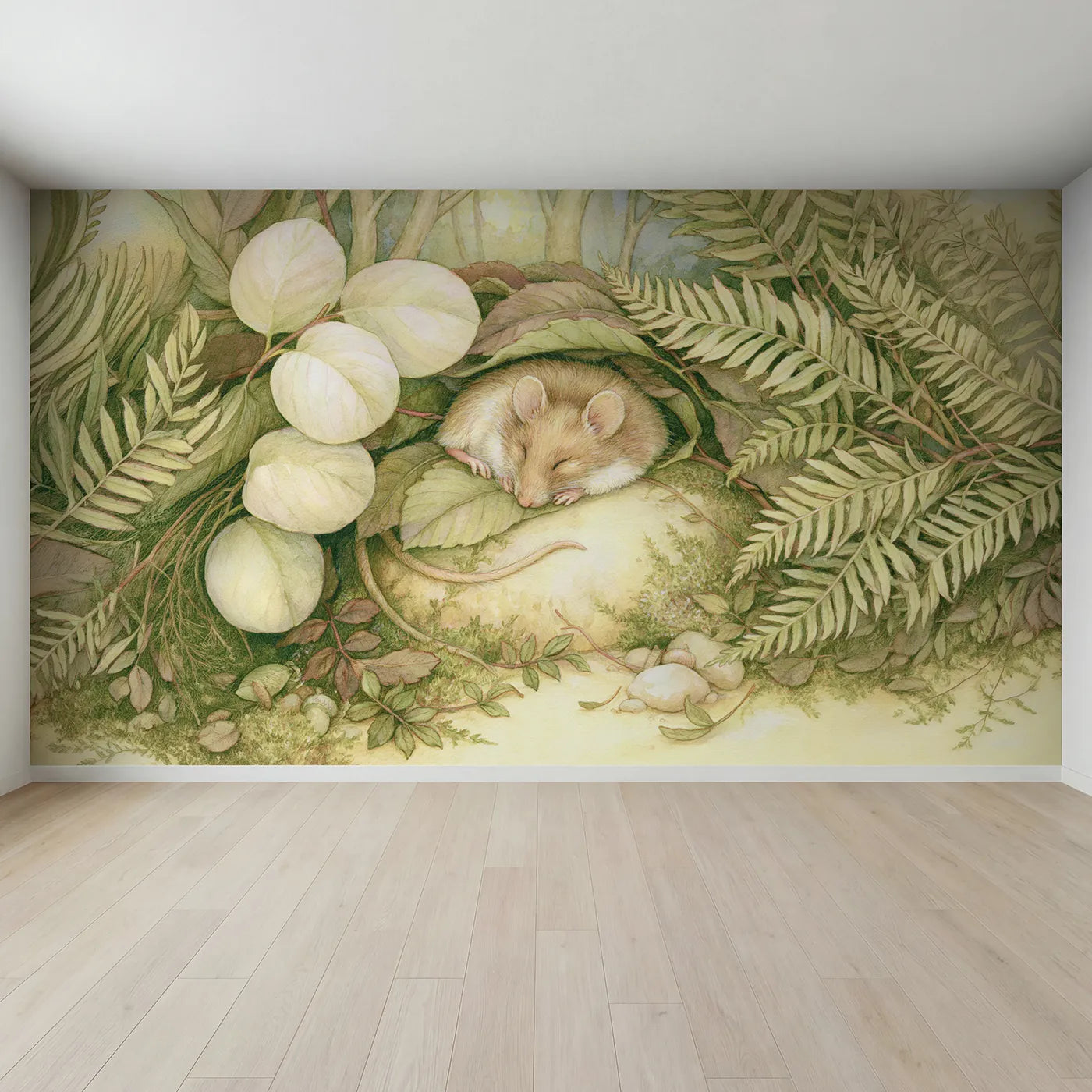 Full view of Sleepy Dormouse Nook Wallpaper Mural by Whimsy Tots