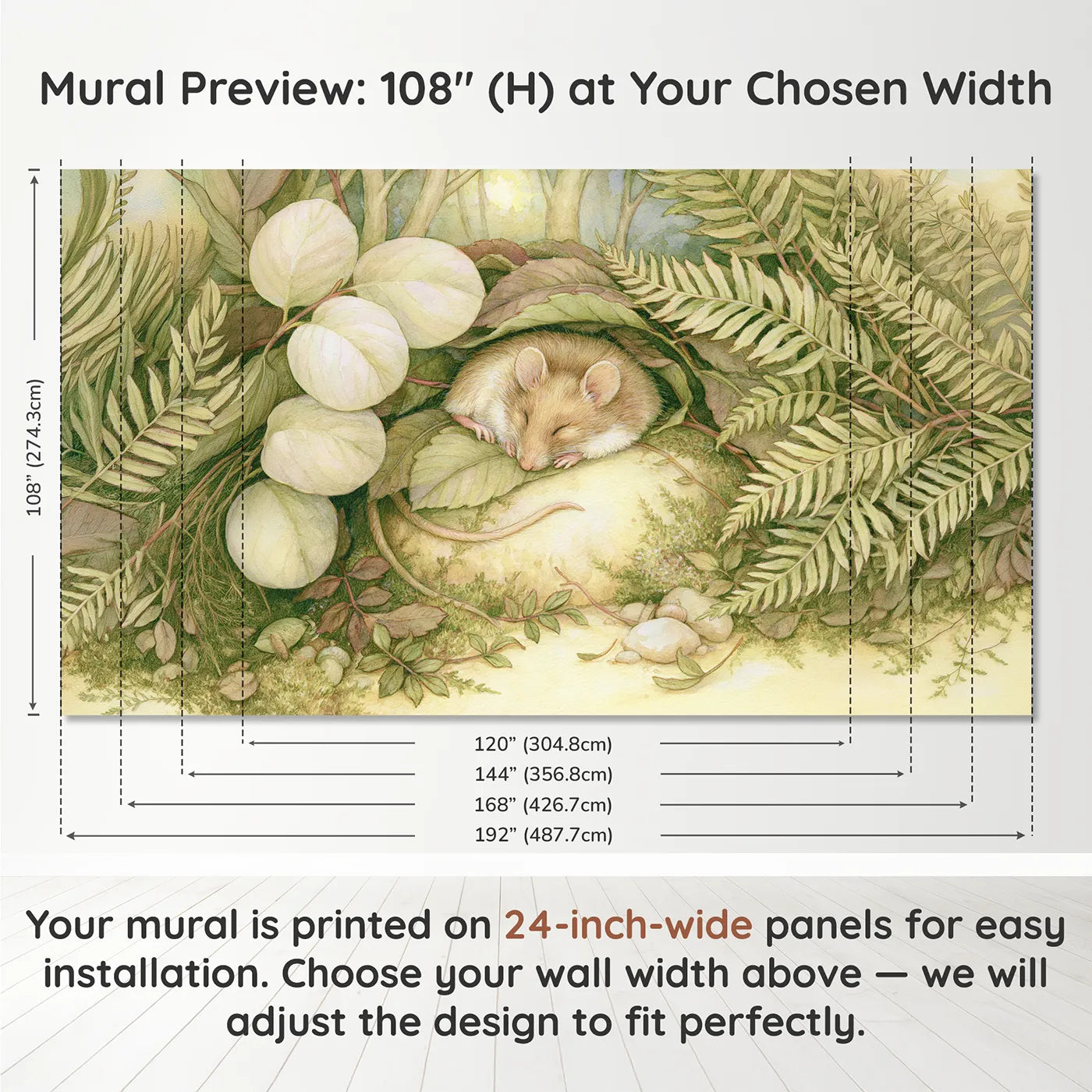 Panel layout and dimensions for Sleepy Dormouse Nook Wallpaper Mural by Whimsy Tots