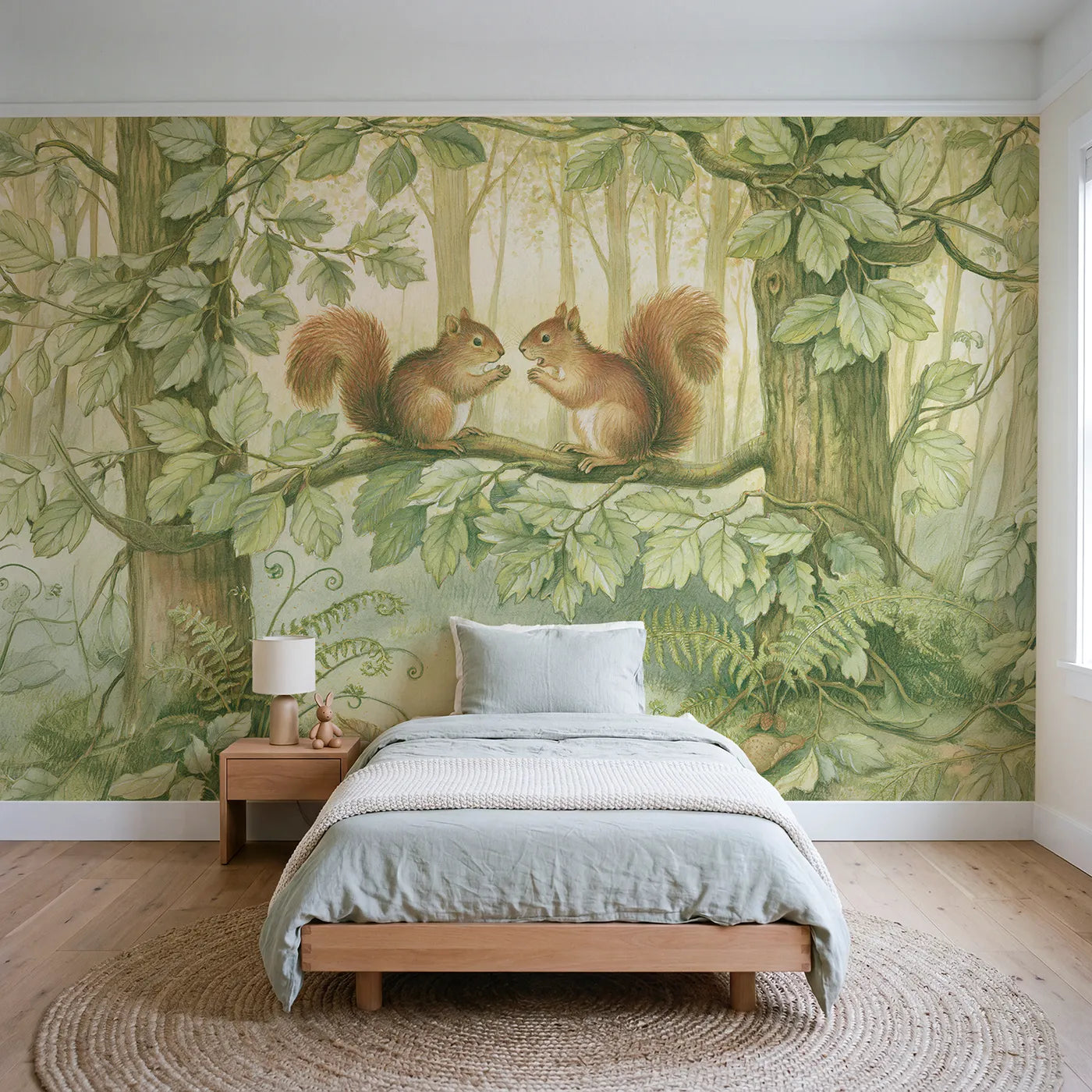 Storybook wall mural of squirrel branch friends by Whimsy Tots