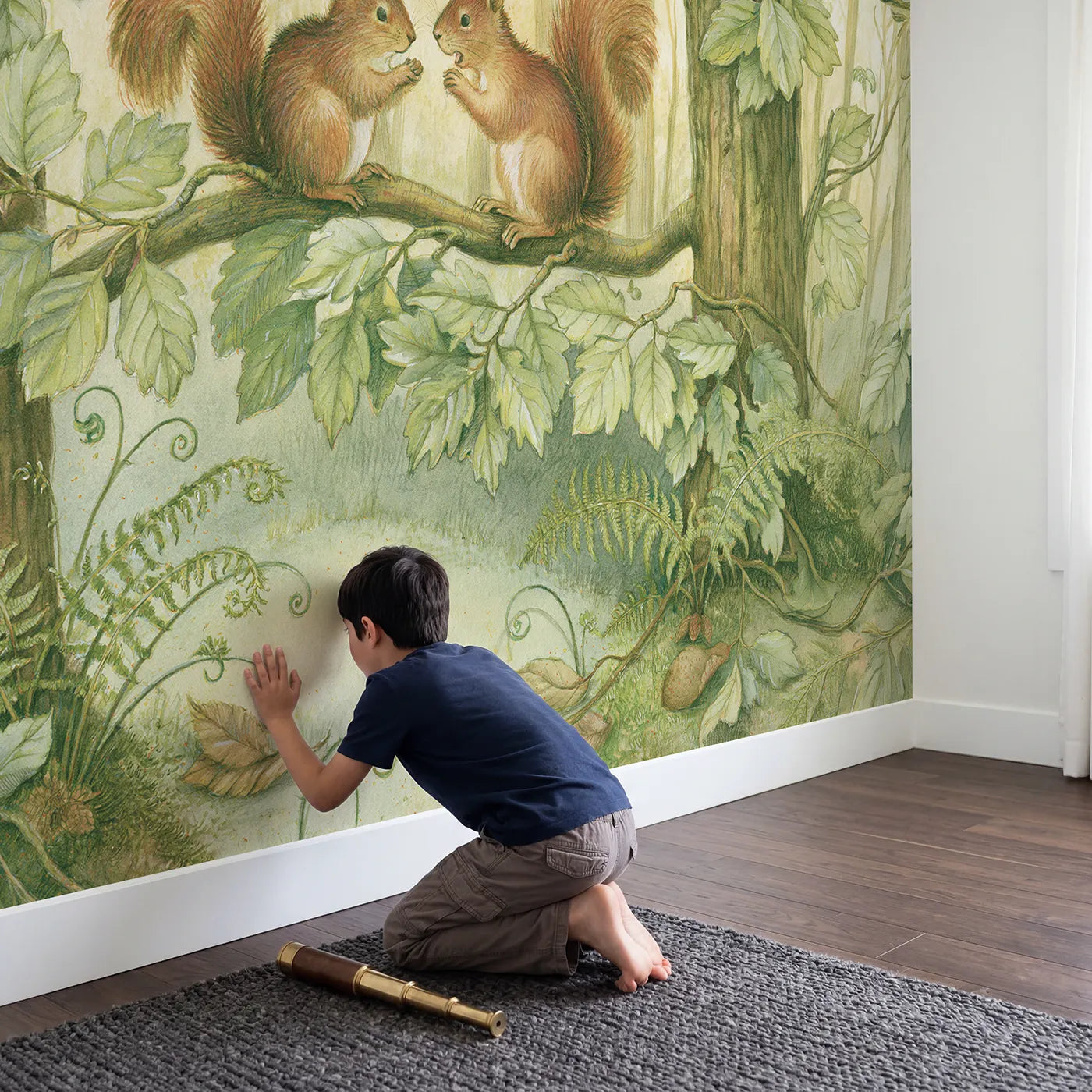 Child in nursery with Squirrel Branch Friends Wallpaper Mural by Whimsy Tots