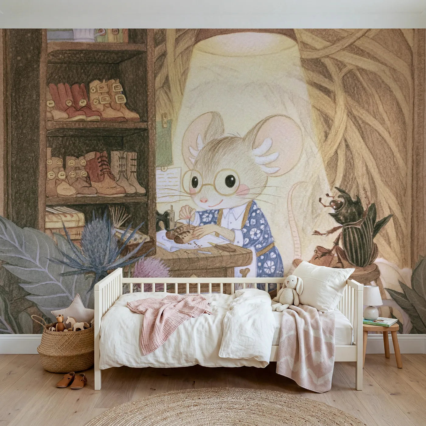 Colored Pencil mouse cobbler stitching tiny boots, wall mural for a big-kid bedroom by Whimsy Tots