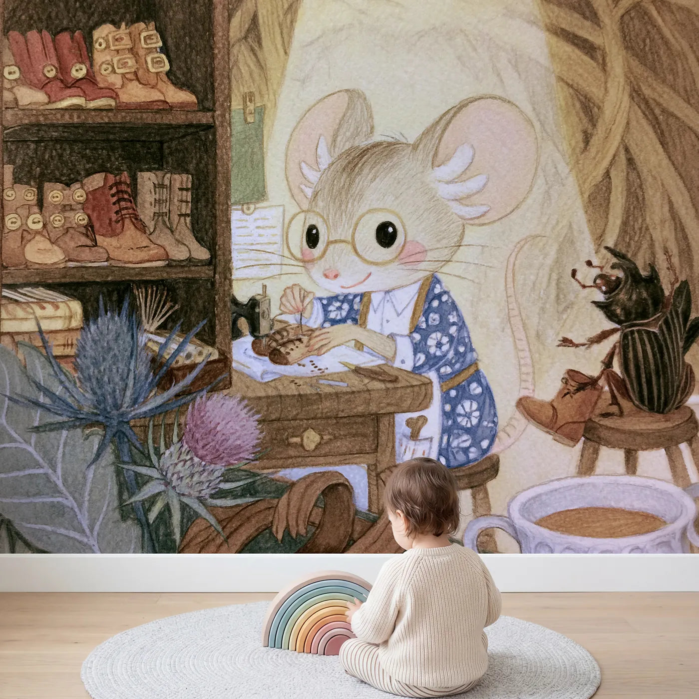 Child in nursery with The Mouse Cobbler Wallpaper Mural by Whimsy Tots