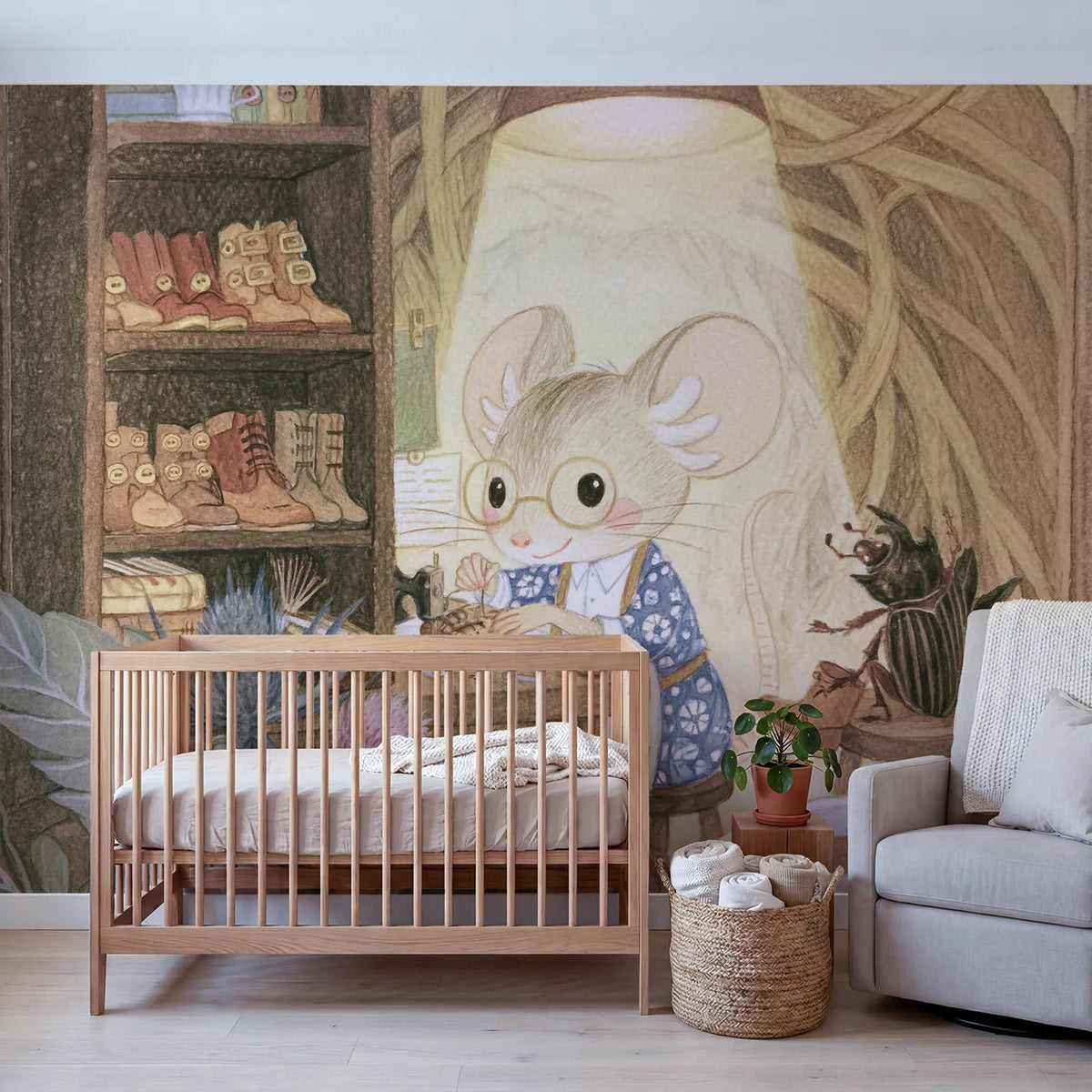The Mouse Cobbler Wallpaper Mural in playroom setting by Whimsy Tots