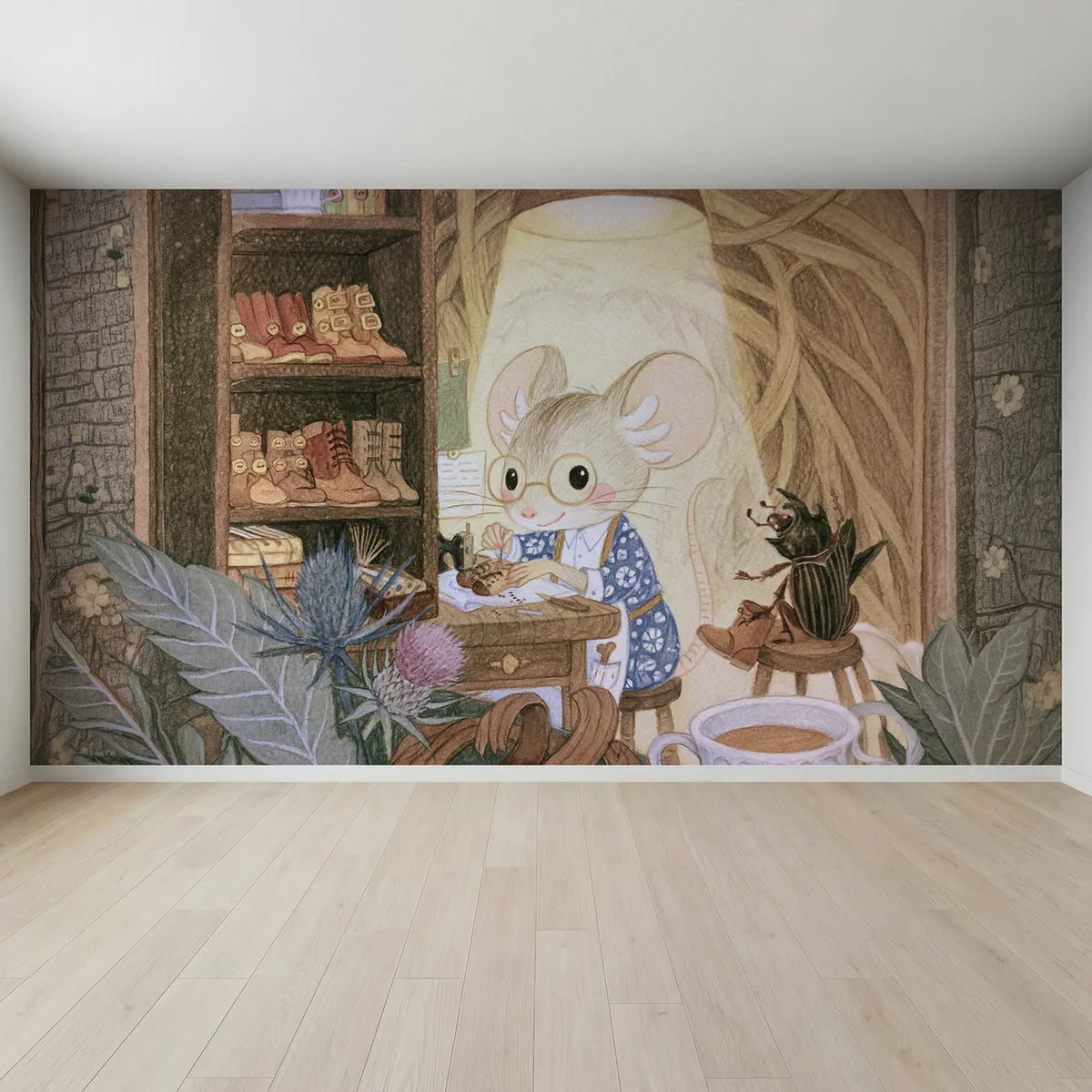 Full view of The Mouse Cobbler Wallpaper Mural by Whimsy Tots