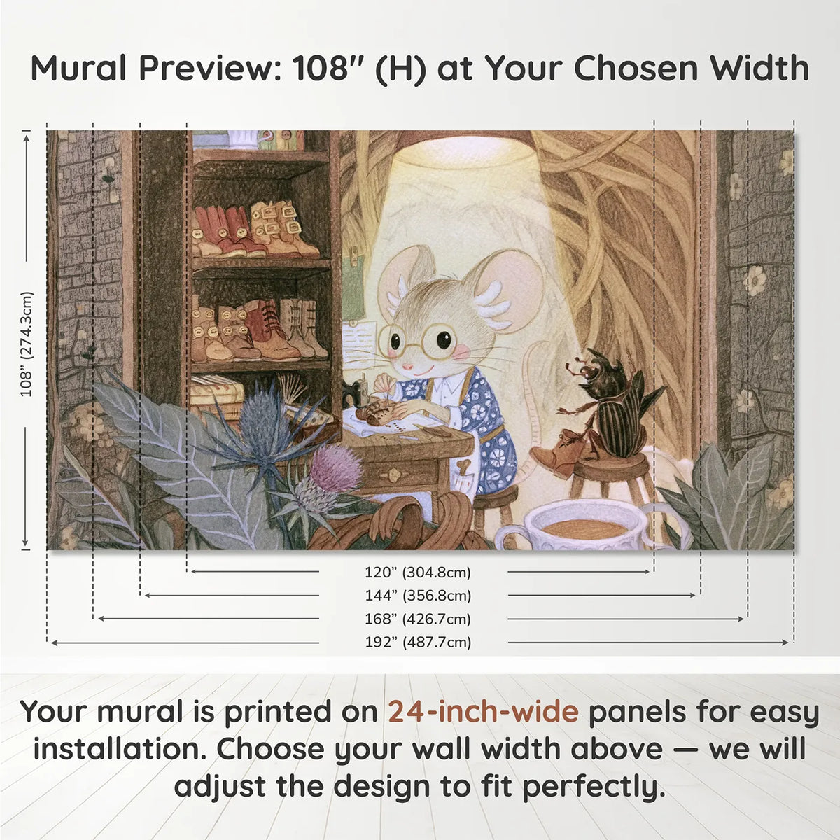 Panel layout and dimensions for The Mouse Cobbler Wallpaper Mural by Whimsy Tots