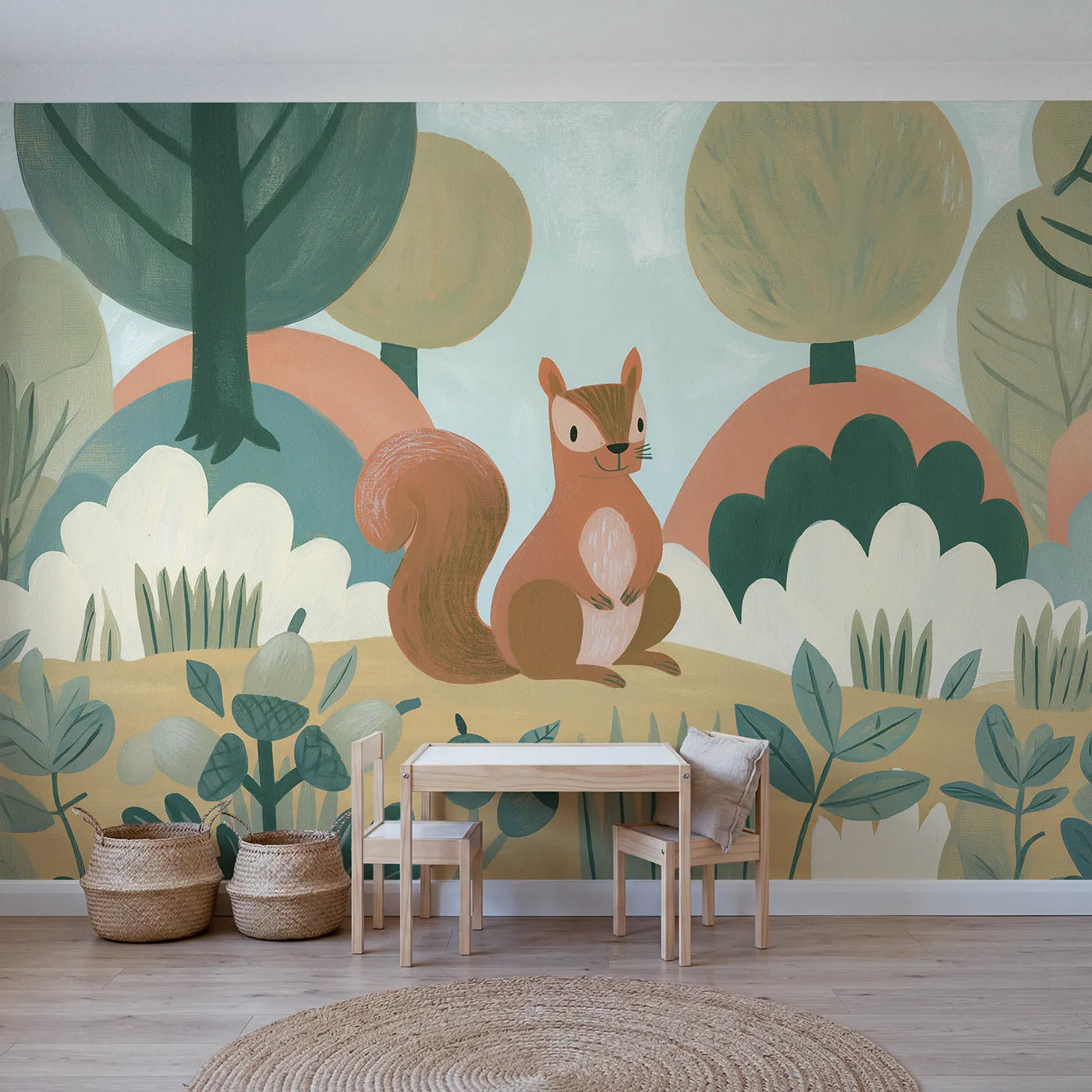 Gouache wall mural of a bold folk squirrel by Whimsy Tots