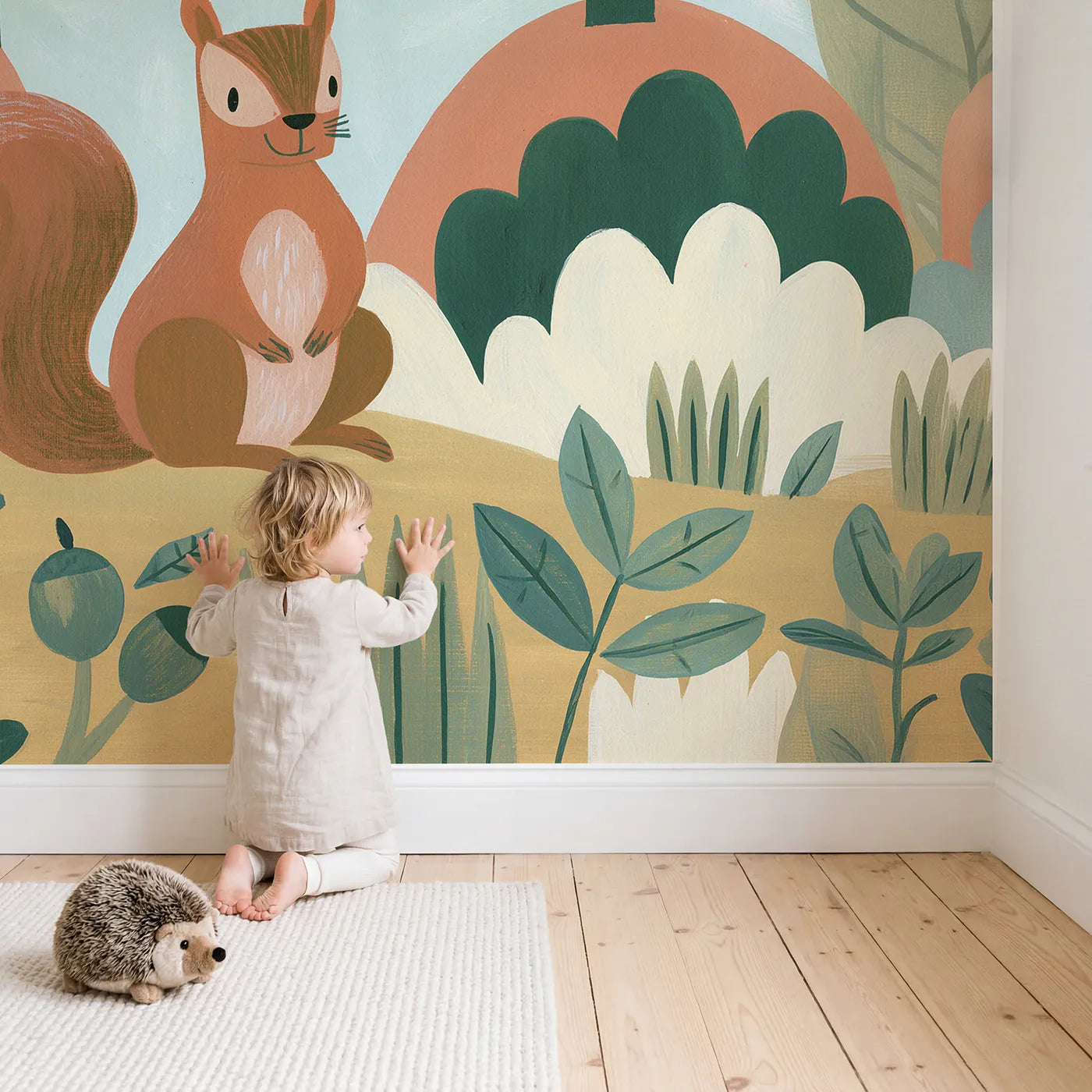 Child in nursery with Folk Squirrel Bold Wallpaper Mural by Whimsy Tots