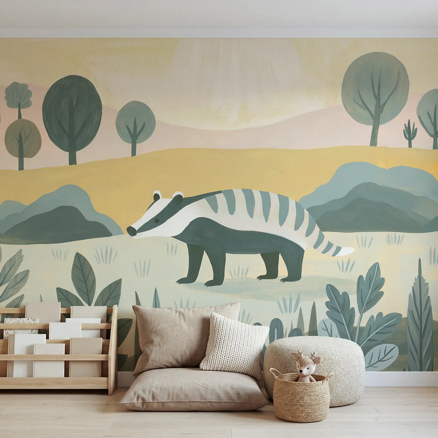 Gouache wall mural of a charming folk badger by Whimsy Tots