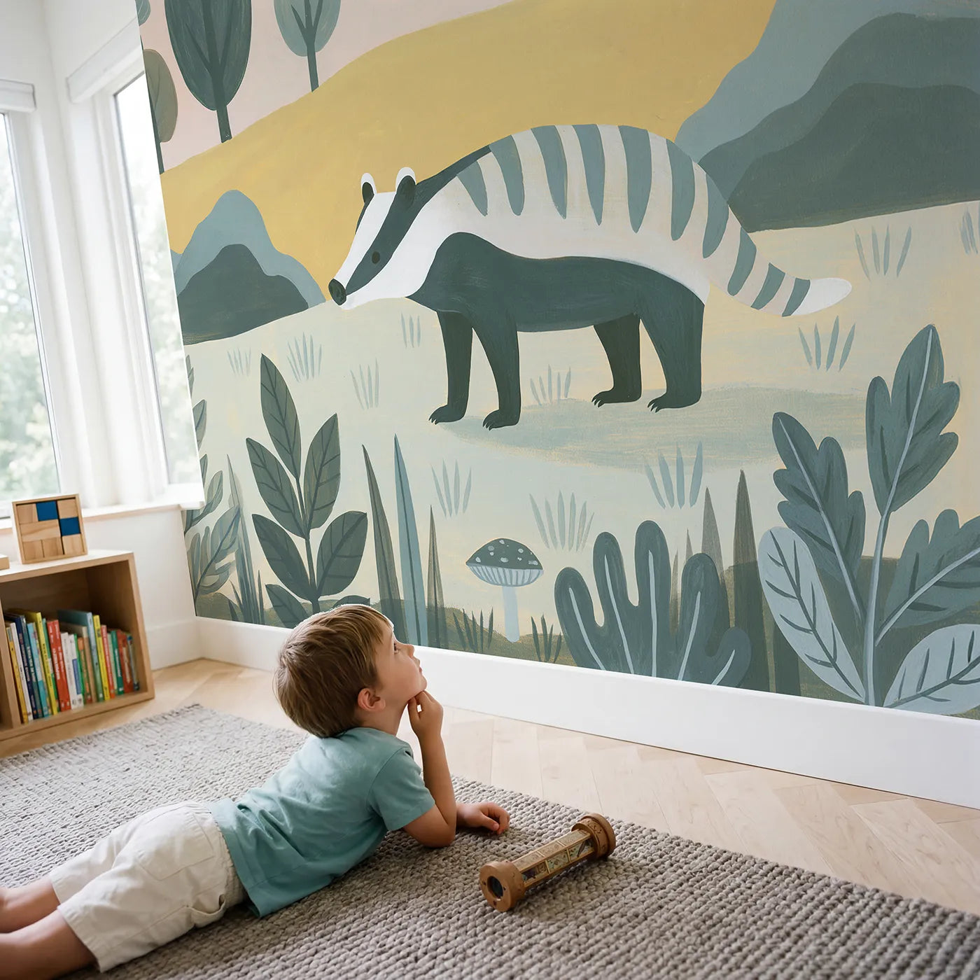 Child in nursery with Folk Badger Charm Wallpaper Mural by Whimsy Tots