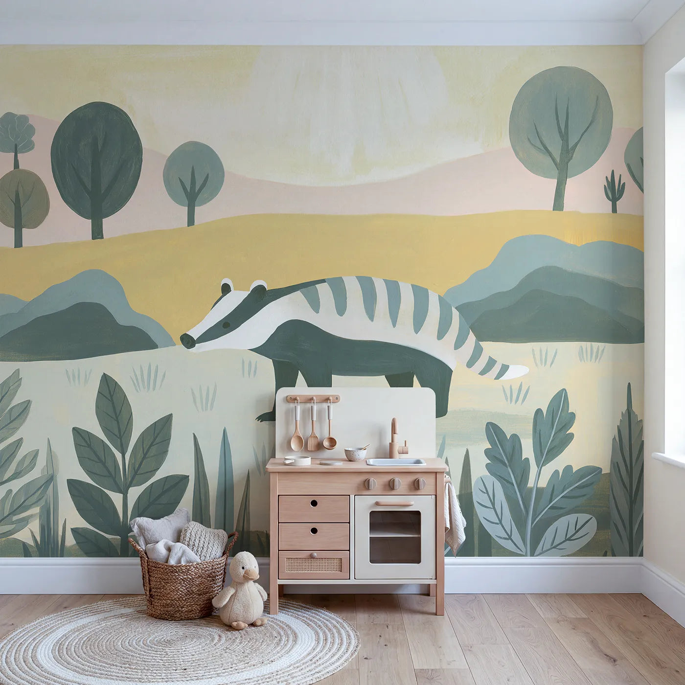 Folk Badger Charm Wallpaper Mural in playroom setting by Whimsy Tots