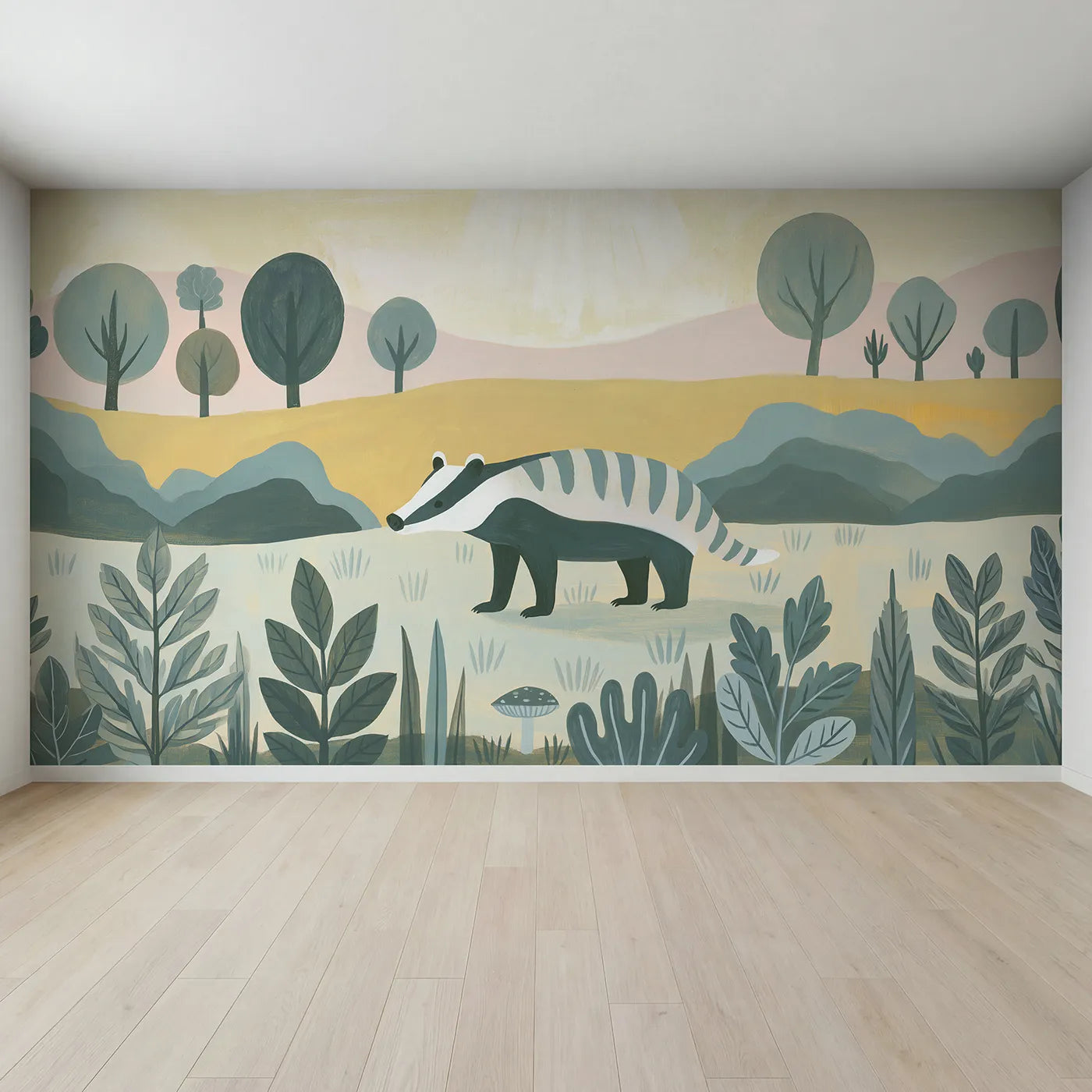 Full view of Folk Badger Charm Wallpaper Mural by Whimsy Tots