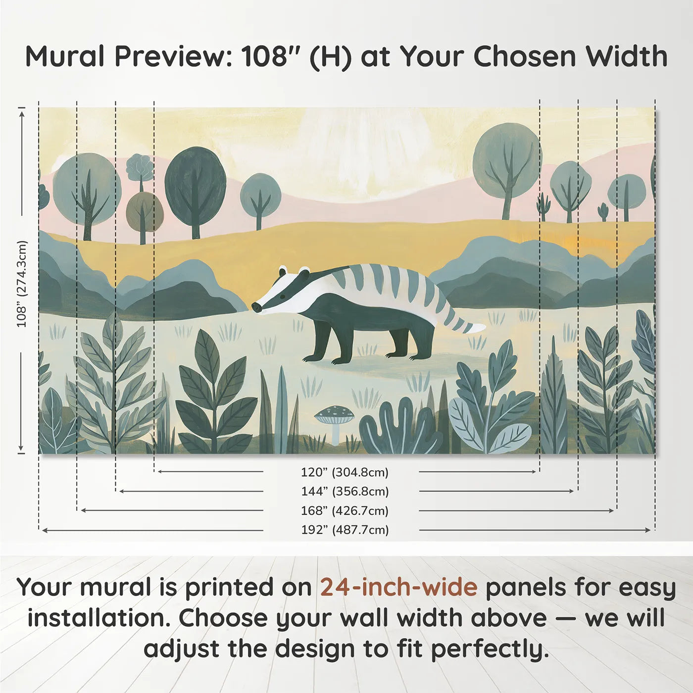 Panel layout and dimensions for Folk Badger Charm Wallpaper Mural by Whimsy Tots
