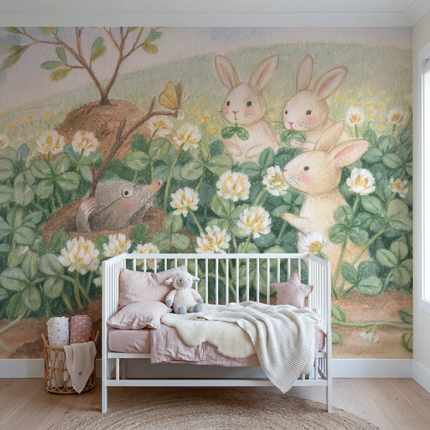 Colored Pencil mole with a periscope surprising rabbits, wall mural for a playroom by Whimsy Tots