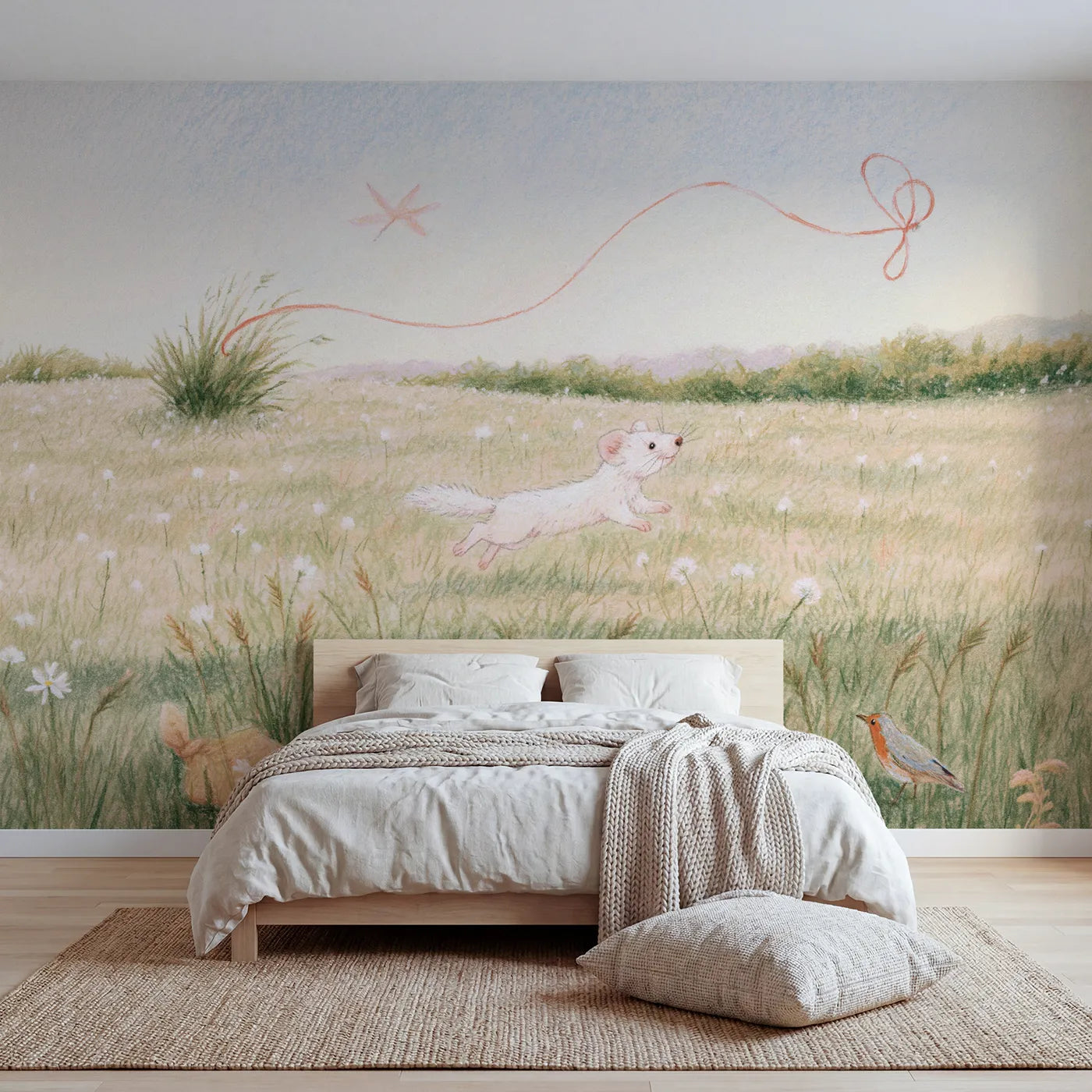 Colored Pencil stoat chasing a long red ribbon, wall mural for a toddler room by Whimsy Tots