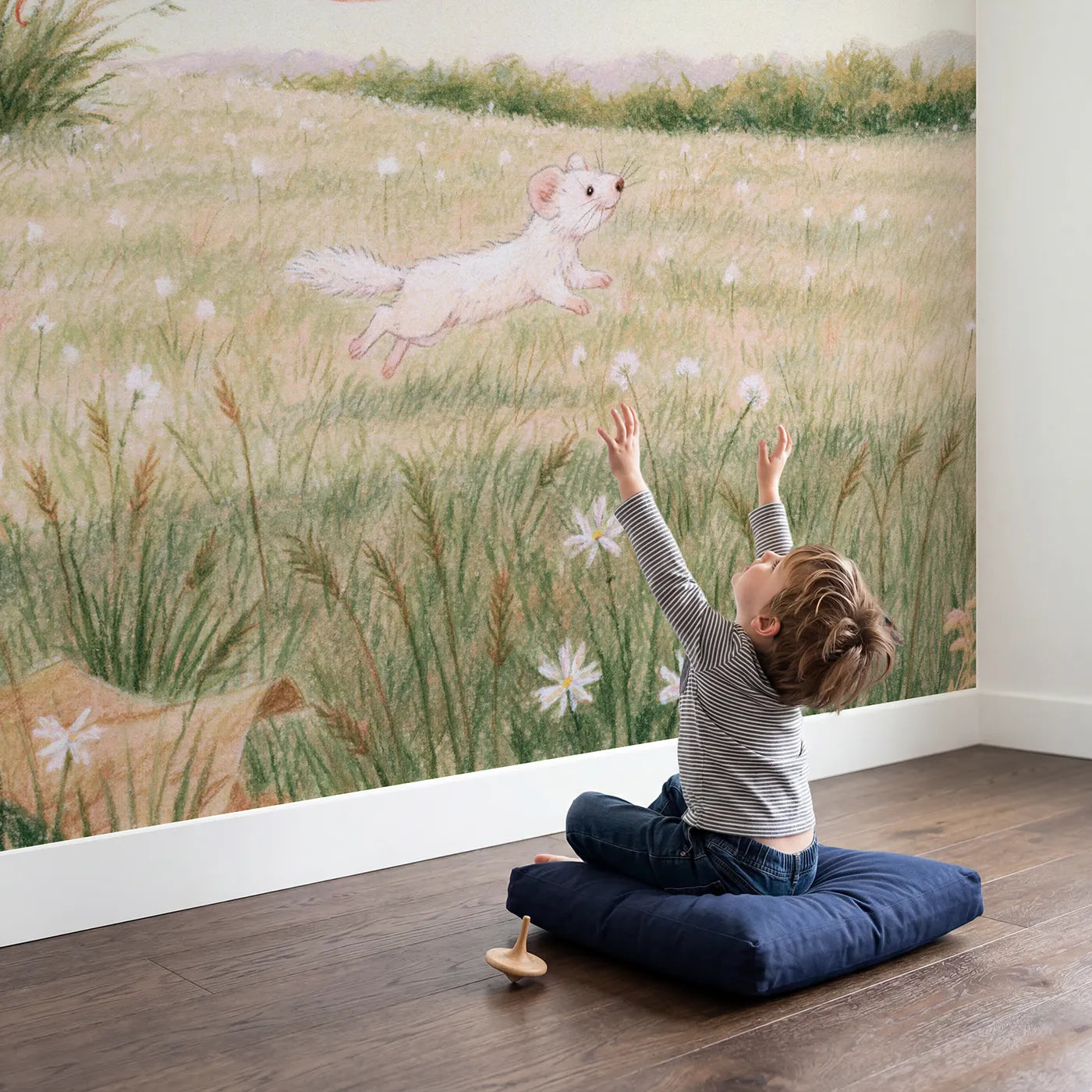 Child in nursery with Stoat and the Red Ribbon Wallpaper Mural by Whimsy Tots