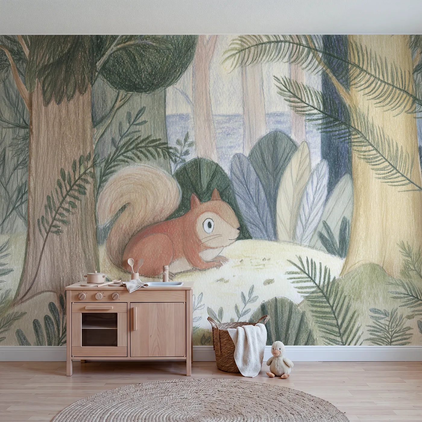 Colored-pencil wall mural of a soft pastel squirrel by Whimsy Tots
