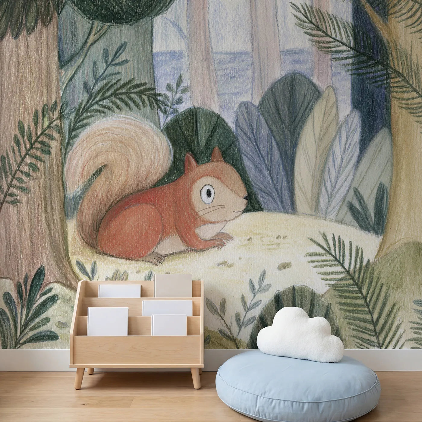 Child in nursery with Pencil Soft Squirrel Wallpaper Mural by Whimsy Tots