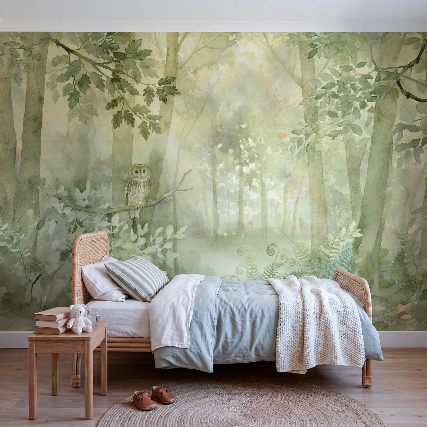Watercolor wall mural of a tawny owl in mist by Whimsy Tots