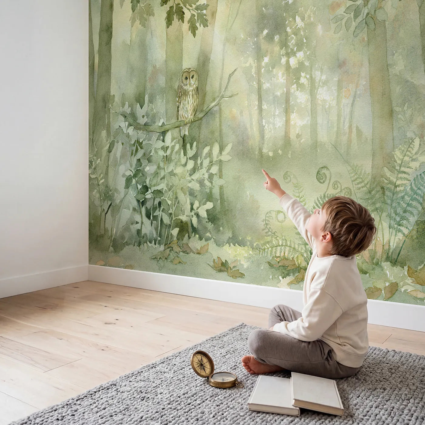 Child in nursery with Misty Owl Branch Wallpaper Mural by Whimsy Tots