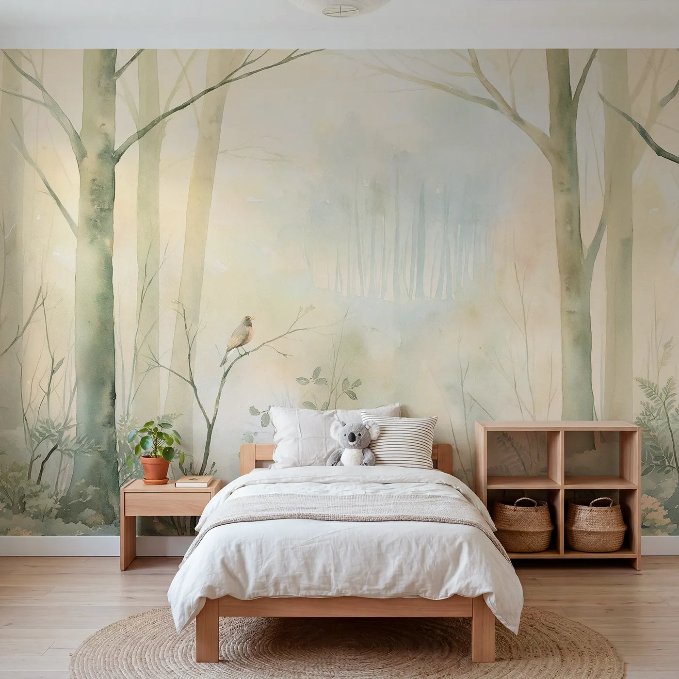 Watercolor wall mural of a robin singing at dawn by Whimsy Tots