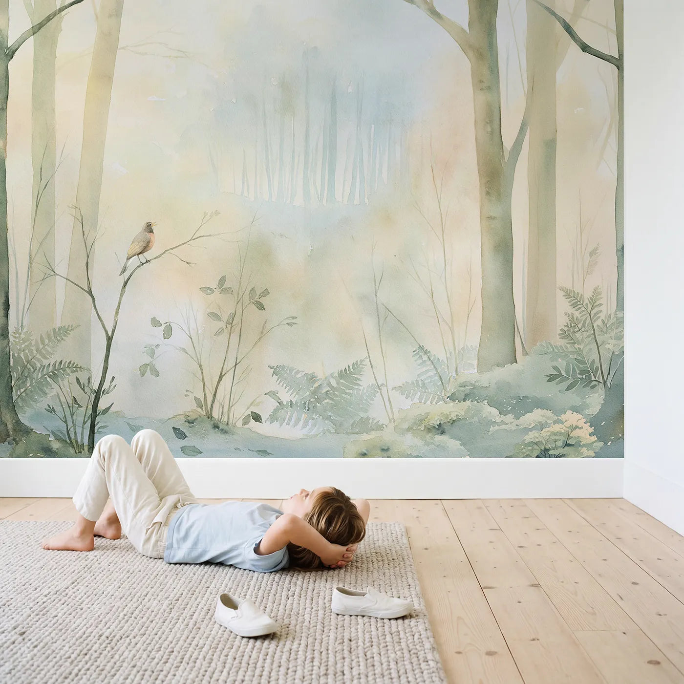 Child in nursery with Dawn Robin Song Wallpaper Mural by Whimsy Tots