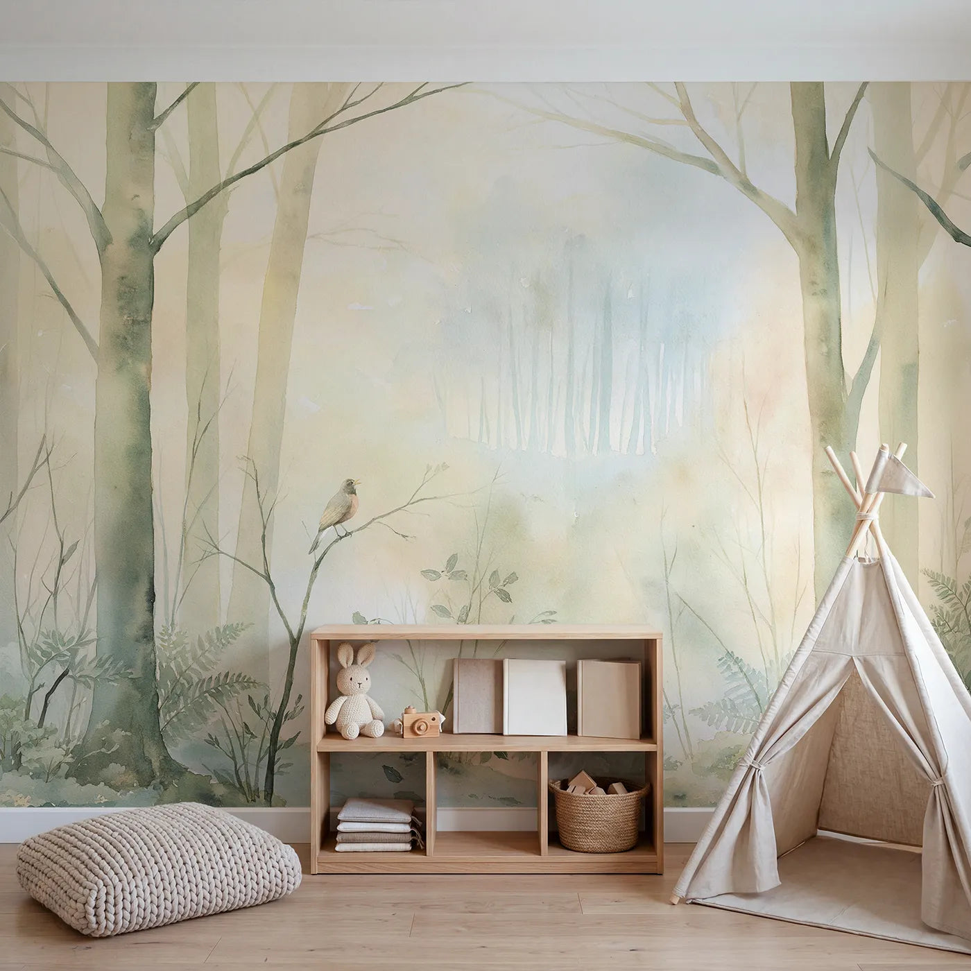 Dawn Robin Song Wallpaper Mural in playroom setting by Whimsy Tots