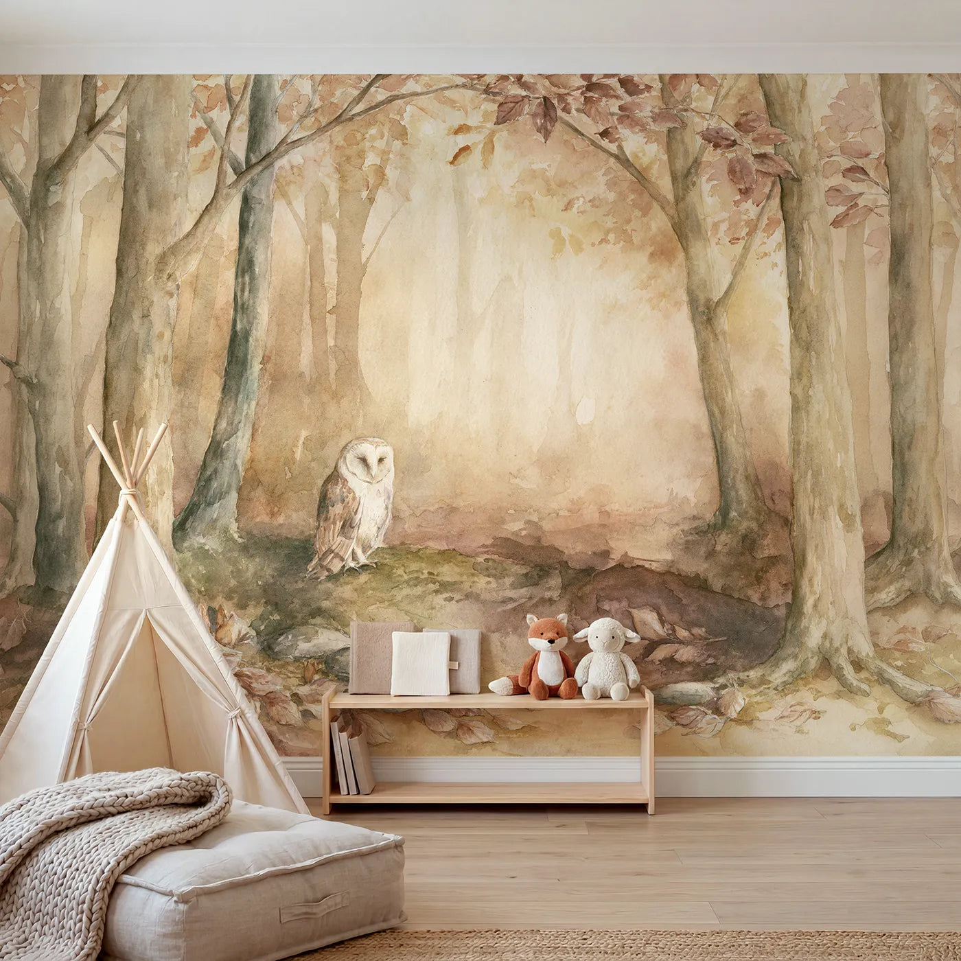 Watercolor wall mural of a sleepy barn owl by Whimsy Tots