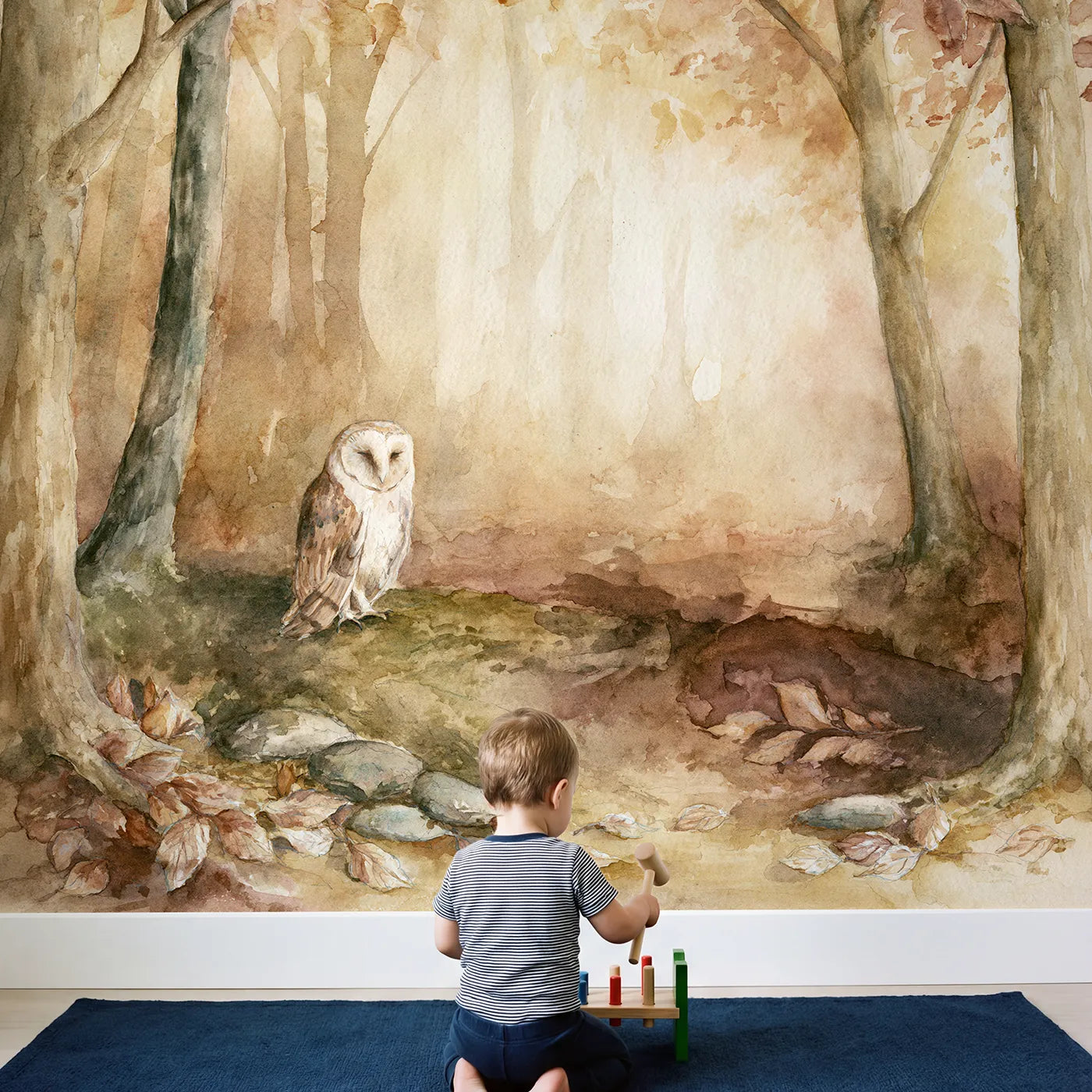 Child in nursery with Sleepy Barn Owl Wallpaper Mural by Whimsy Tots