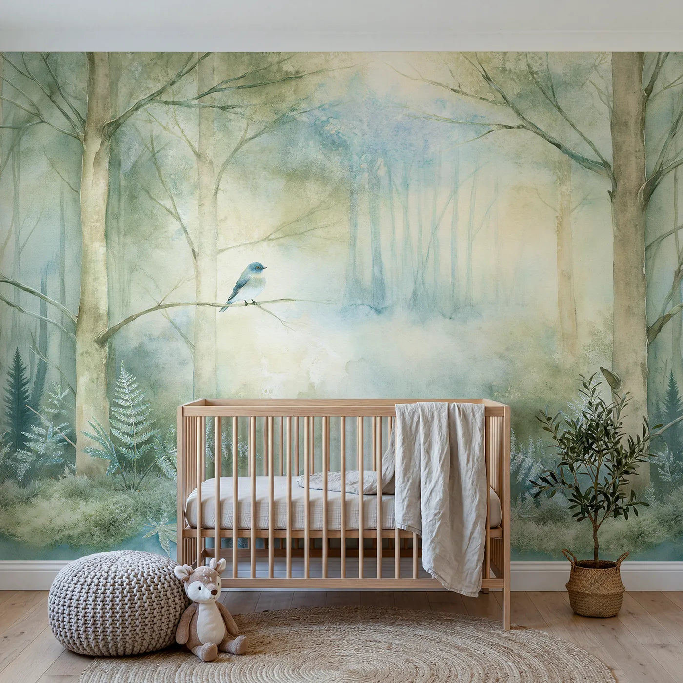 Watercolor wall mural of a bluebird at hazy dawn by Whimsy Tots