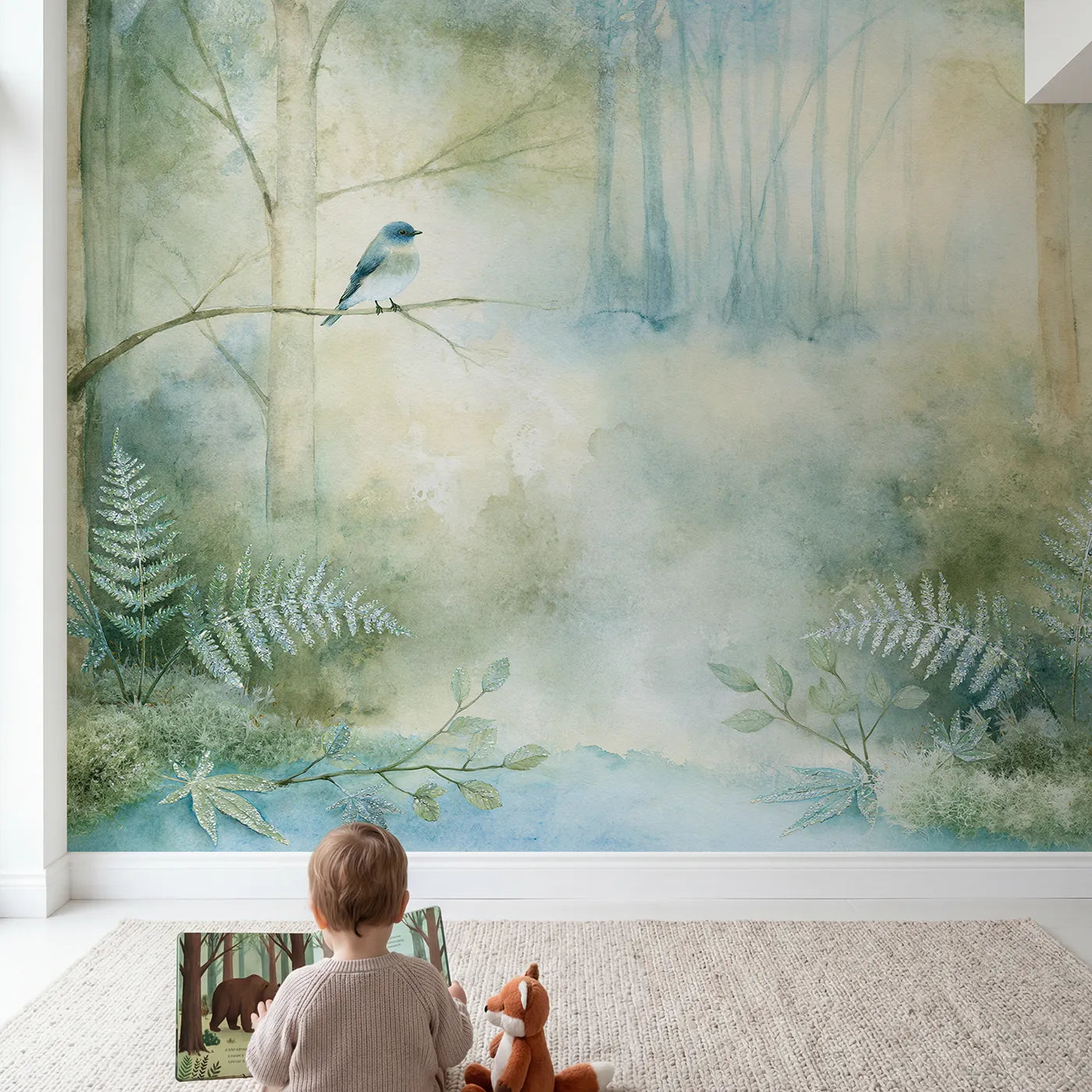 Child in nursery with Soft Bluebird Dawn Wallpaper Mural by Whimsy Tots
