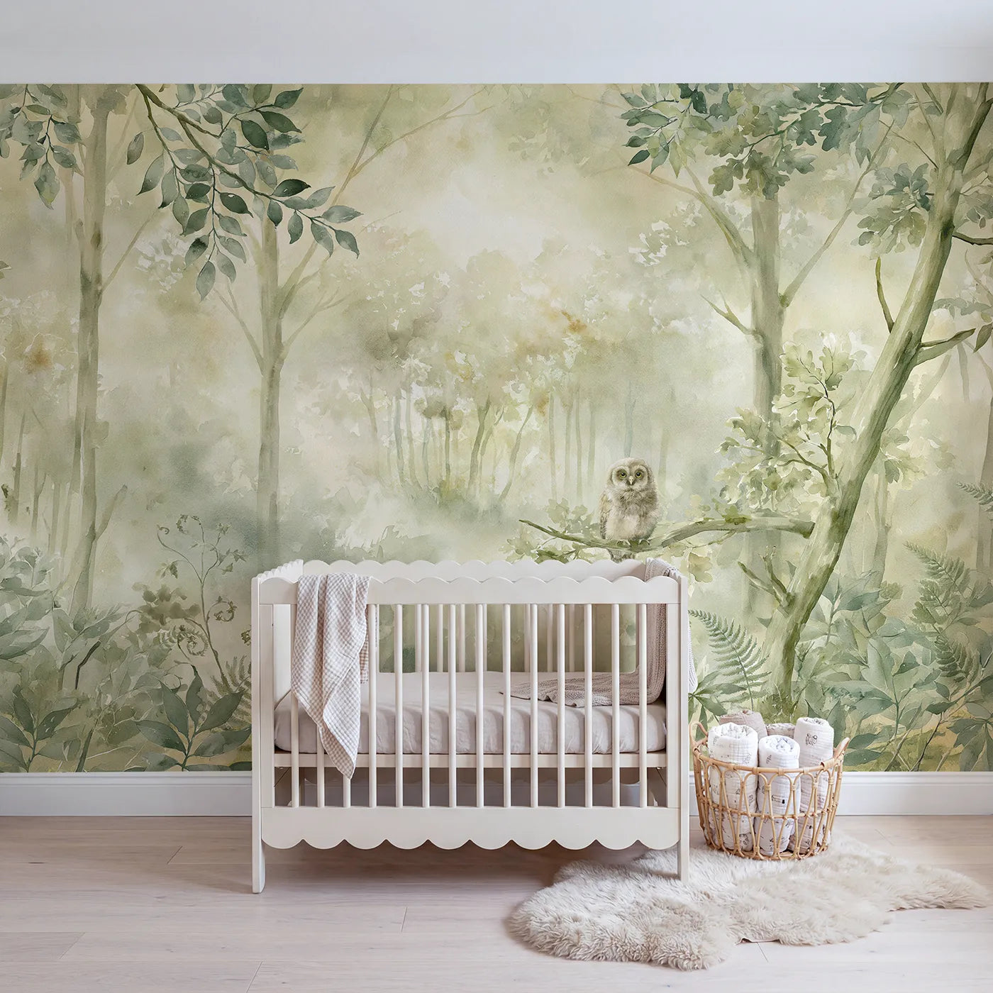 Watercolor wall mural of a fluffy little owlet by Whimsy Tots