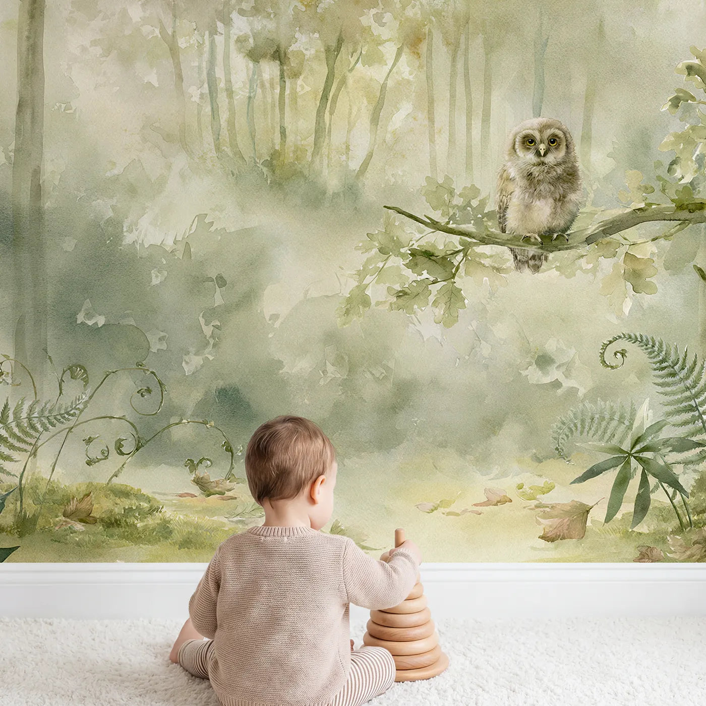 Child in nursery with Quiet Forest Owlet Wallpaper Mural by Whimsy Tots