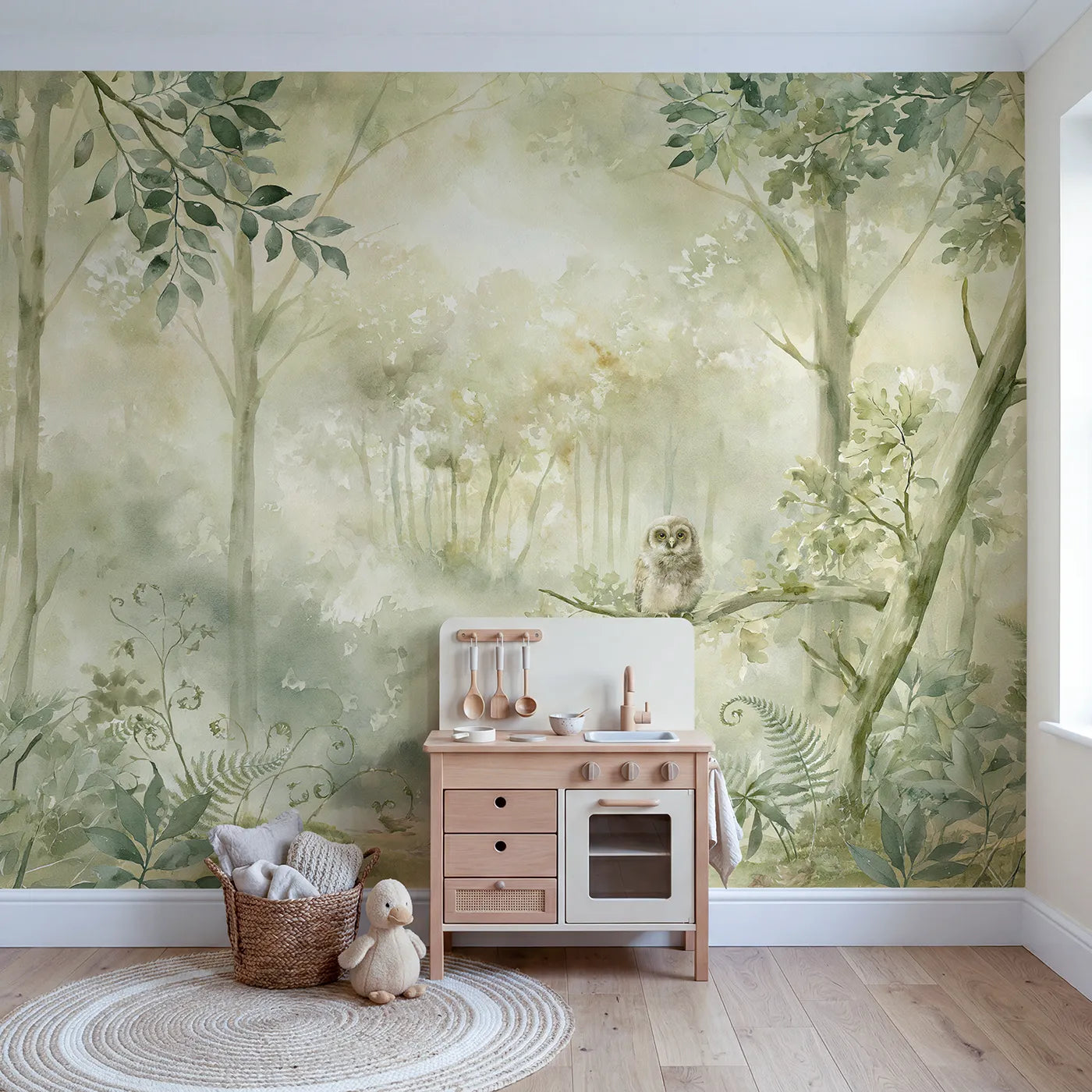 Quiet Forest Owlet Wallpaper Mural in playroom setting by Whimsy Tots