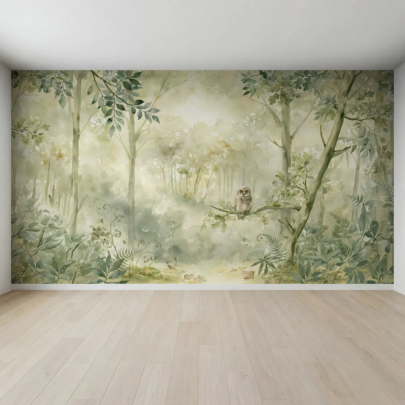 Full view of Quiet Forest Owlet Wallpaper Mural by Whimsy Tots