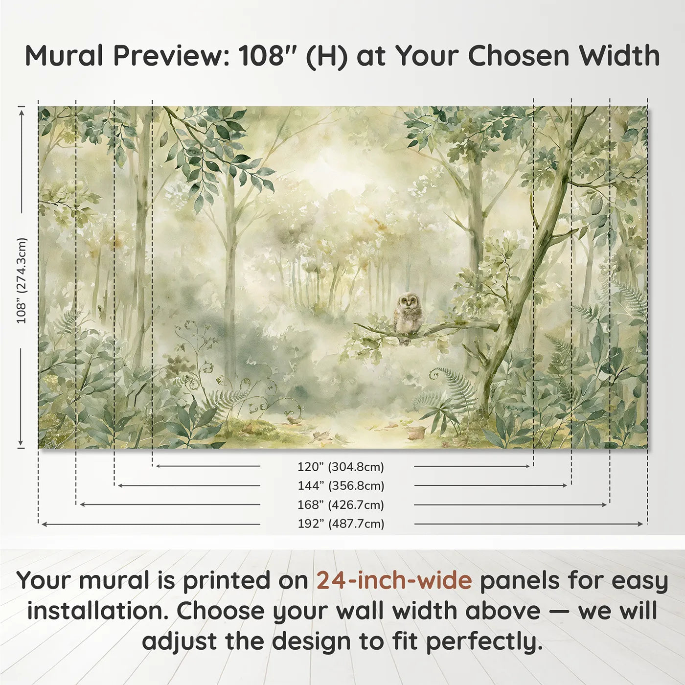 Panel layout and dimensions for Quiet Forest Owlet Wallpaper Mural by Whimsy Tots