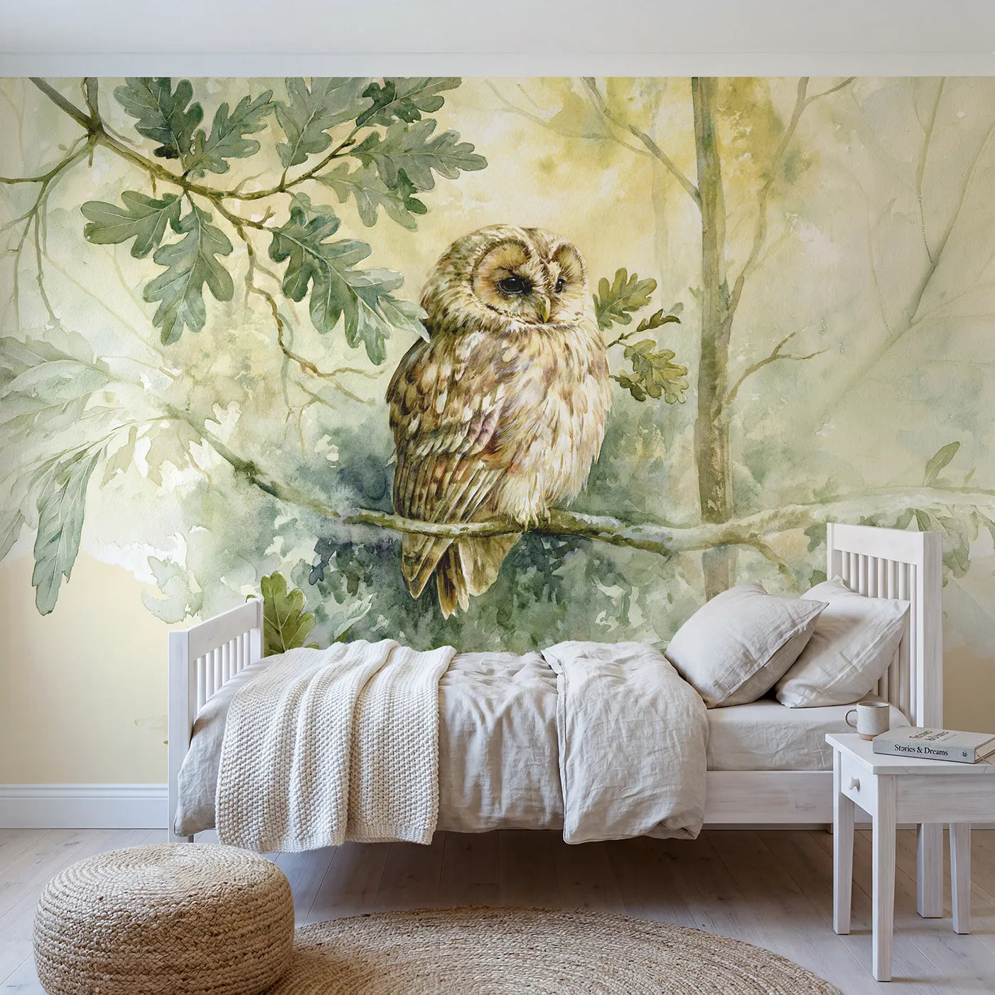 Watercolor wall mural of a tawny owl study by Whimsy Tots