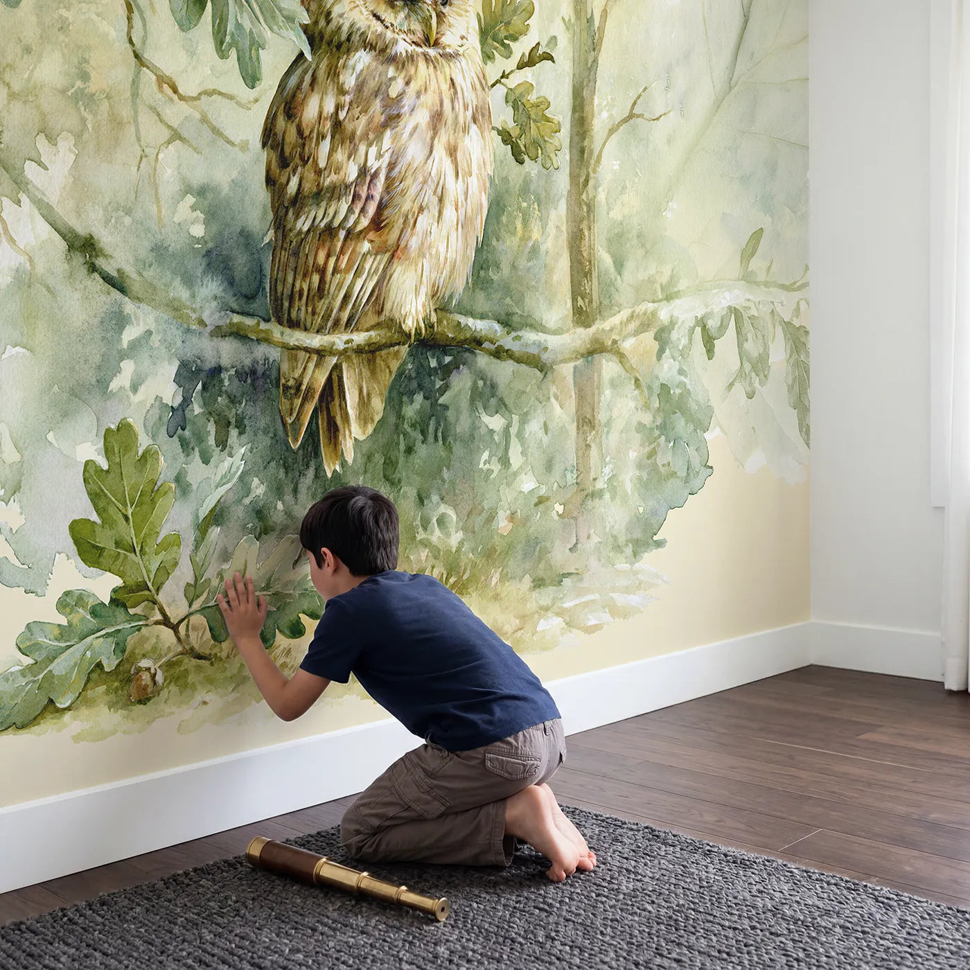 Child in nursery with Tawny Owl Study Wallpaper Mural by Whimsy Tots