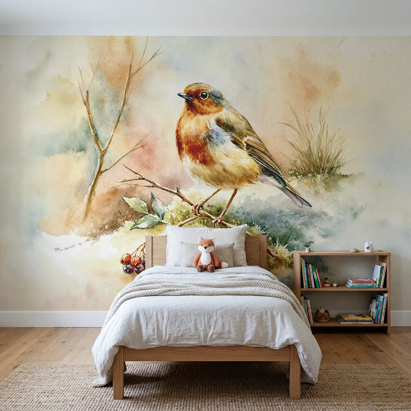 Watercolor wall mural of a robin redbreast study by Whimsy Tots