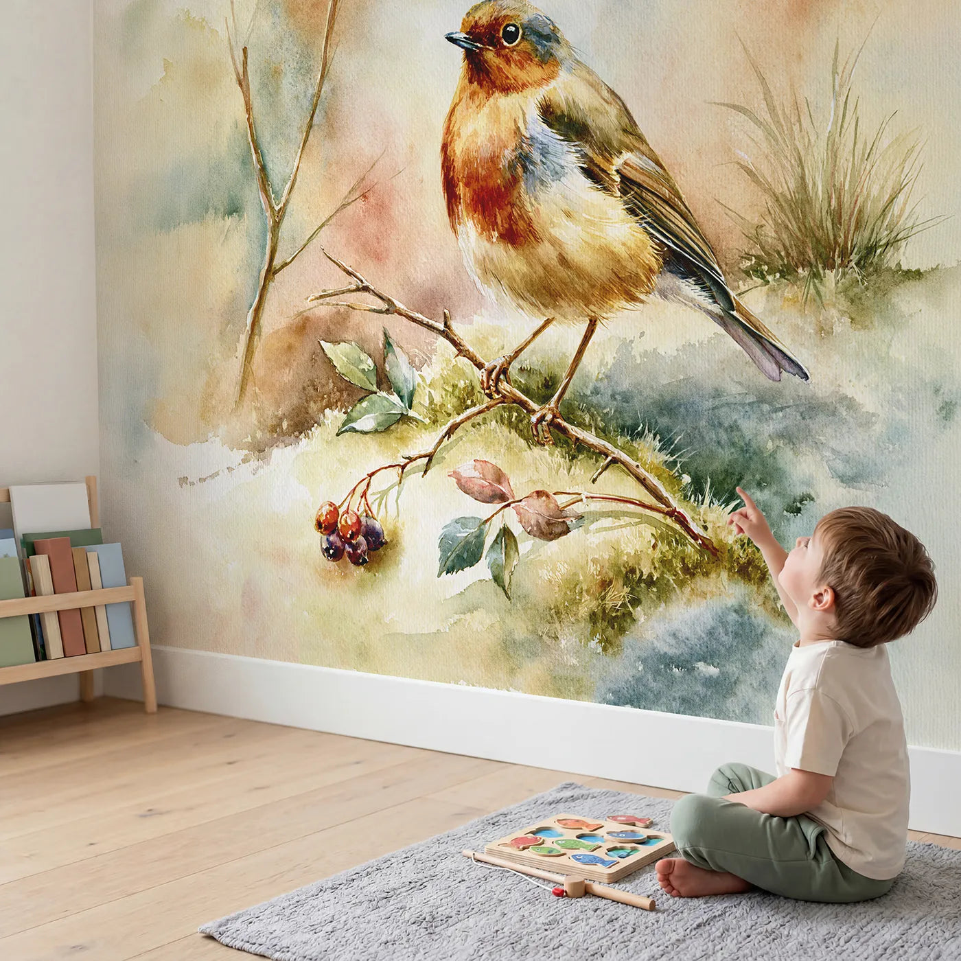 Child in nursery with Robin Redbreast Study Wallpaper Mural by Whimsy Tots