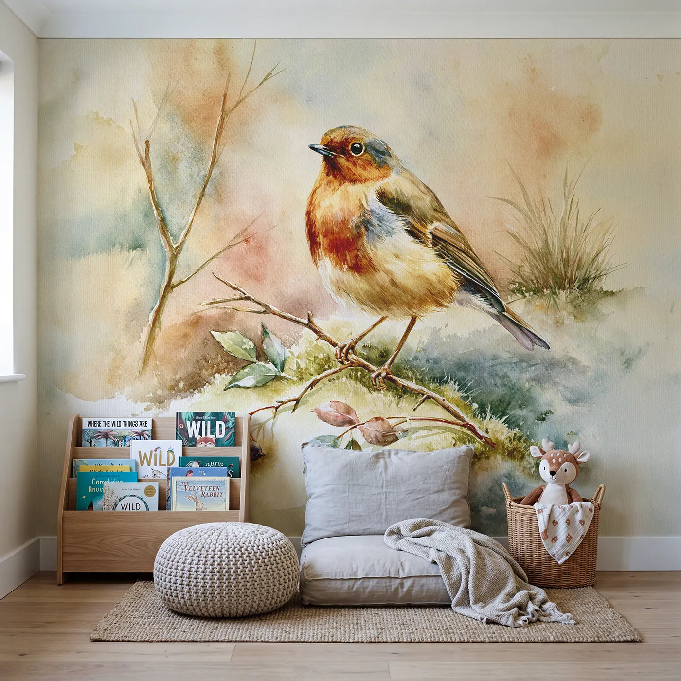 Robin Redbreast Study Wallpaper Mural in playroom setting by Whimsy Tots
