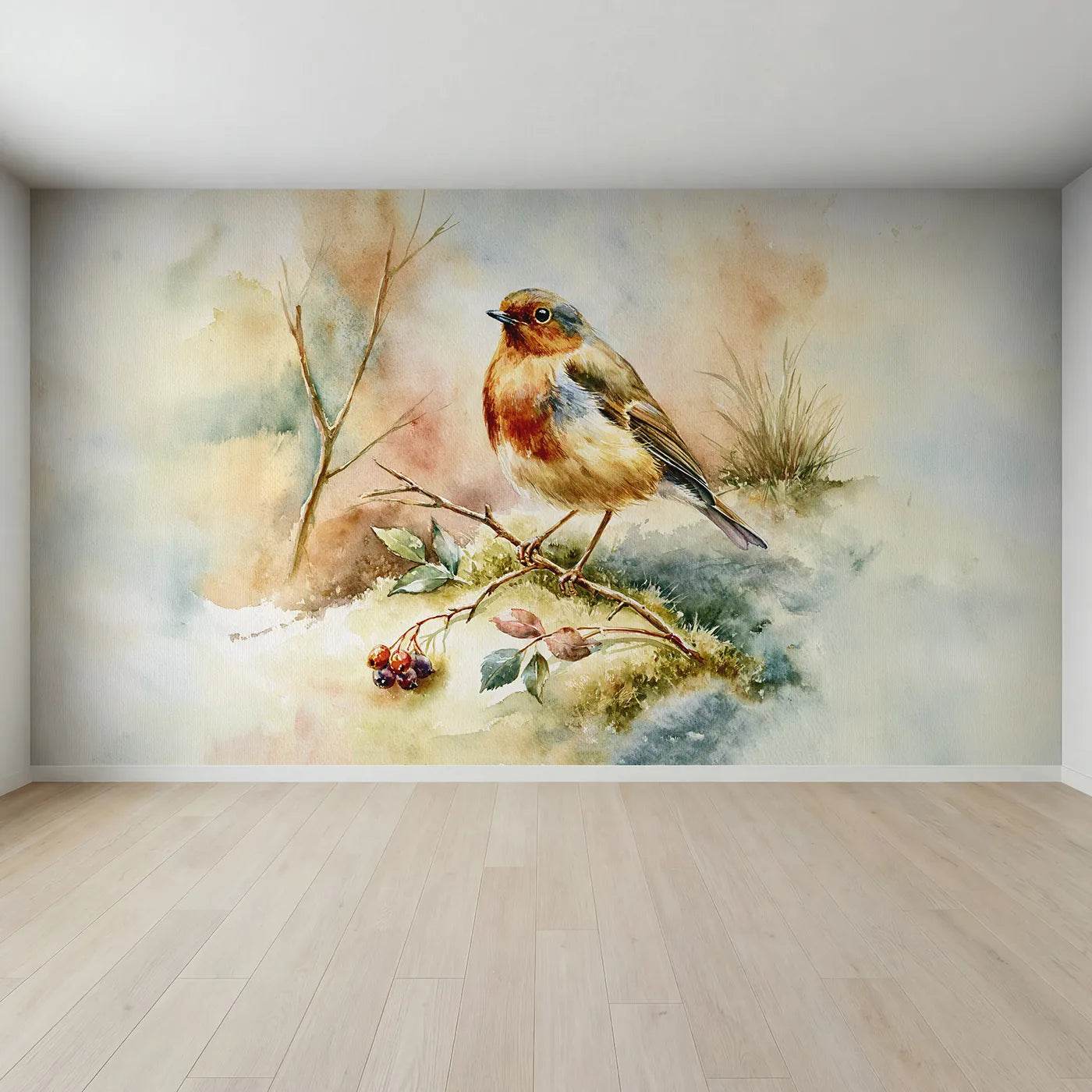 Full view of Robin Redbreast Study Wallpaper Mural by Whimsy Tots