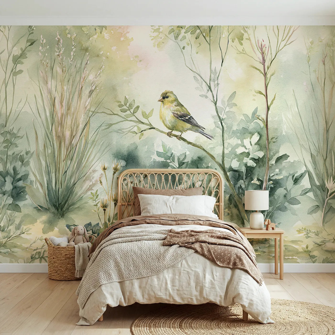 Watercolor wall mural of a goldfinch branch study by Whimsy Tots