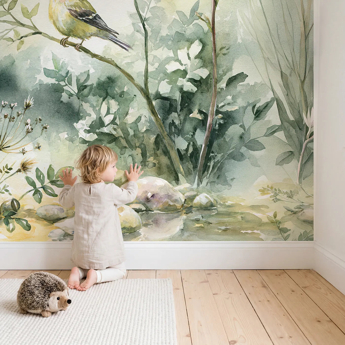 Child in nursery with Goldfinch Branch Study Wallpaper Mural by Whimsy Tots
