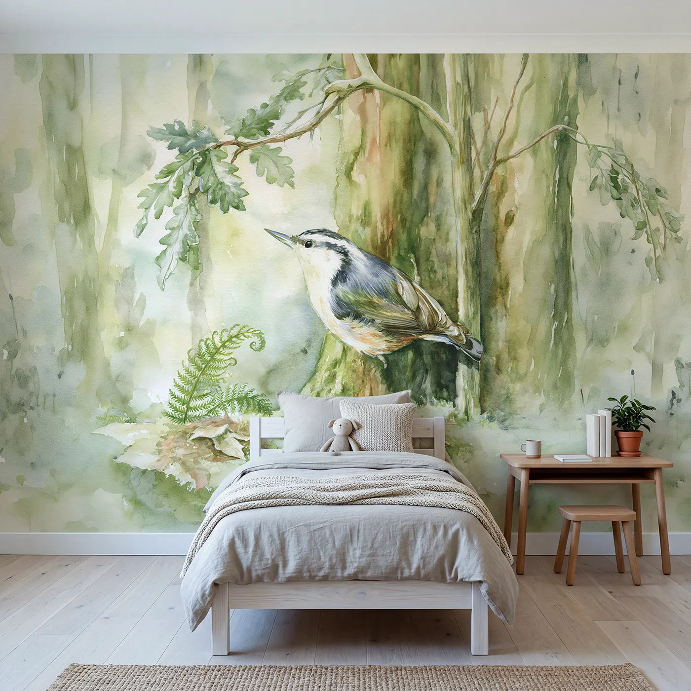 Watercolor wall mural of a nuthatch bark climb by Whimsy Tots