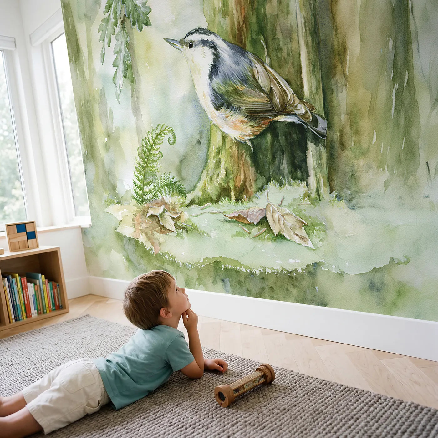 Child in nursery with Nuthatch Bark Climb Wallpaper Mural by Whimsy Tots